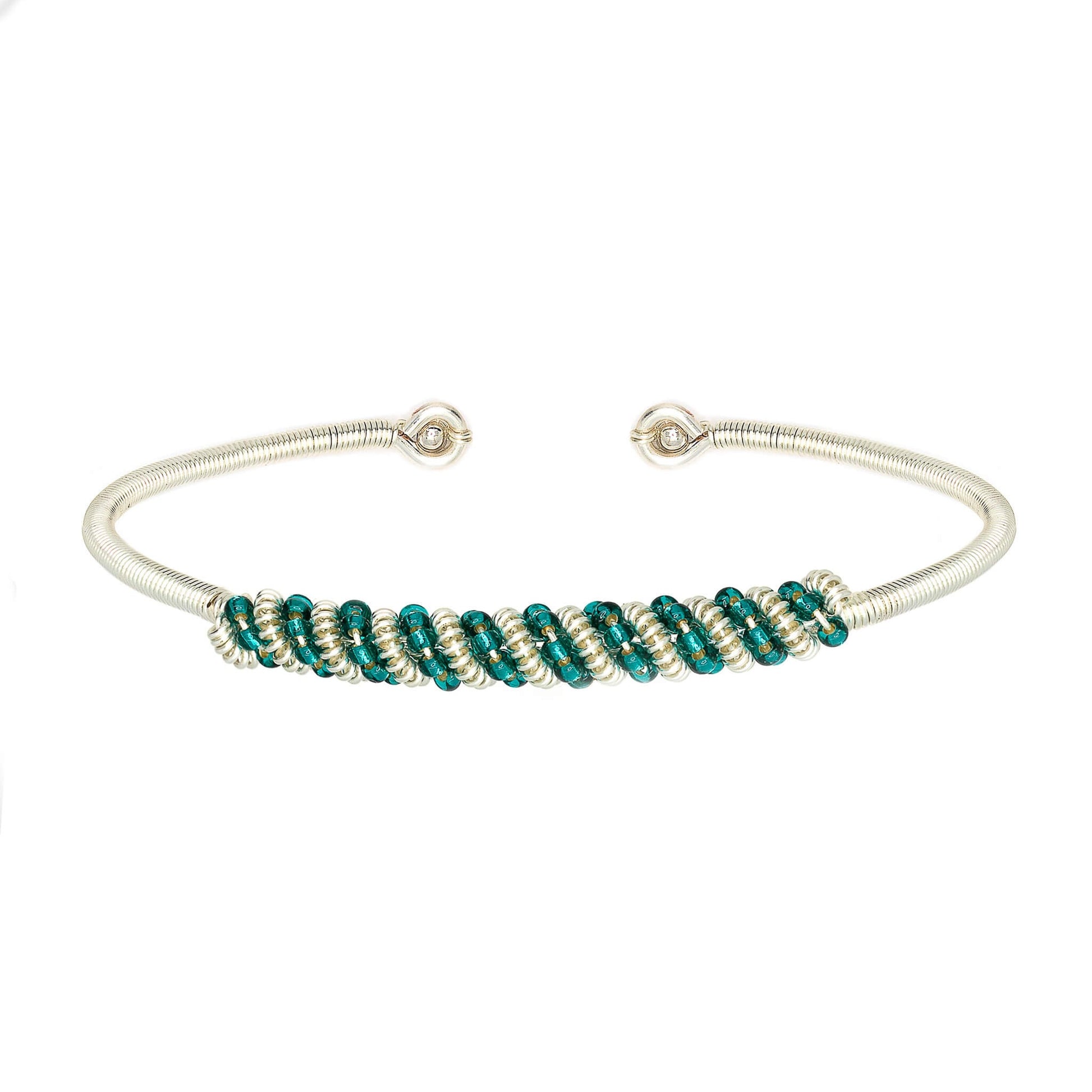 Siegen Bracelet is one size fits all. Silver and green bracelet. Handmade with Non-tarnish silver wire and Czech seed beads crystals. Wire-wrapped beaded bracelet.