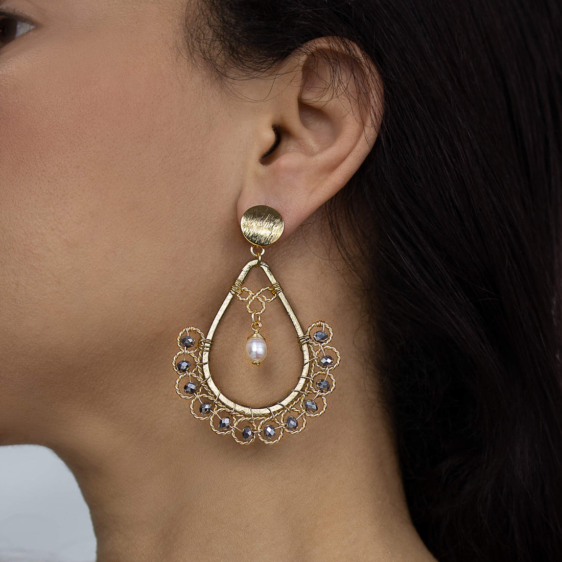 Gold Teardrop Earrings-Amara  Earrings Silver- Stud dangle earrings. 2.75 inches long x 1.75 Wide. Handmade with Faceted Crystal beads 18K Gold-plated wire, and freshwater pearls. Wire Wrapped Earrings.