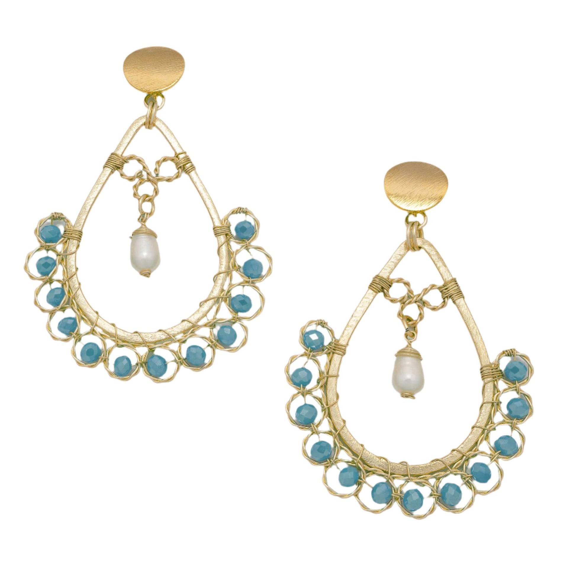 Amara I Earrings are 3 inches long. Gold teardrop Earrings. Gold, Light Blue, and White earrings. Handmade with Faceted Crystal beads and freshwater pearls. Wire Wrapped Earrings.
