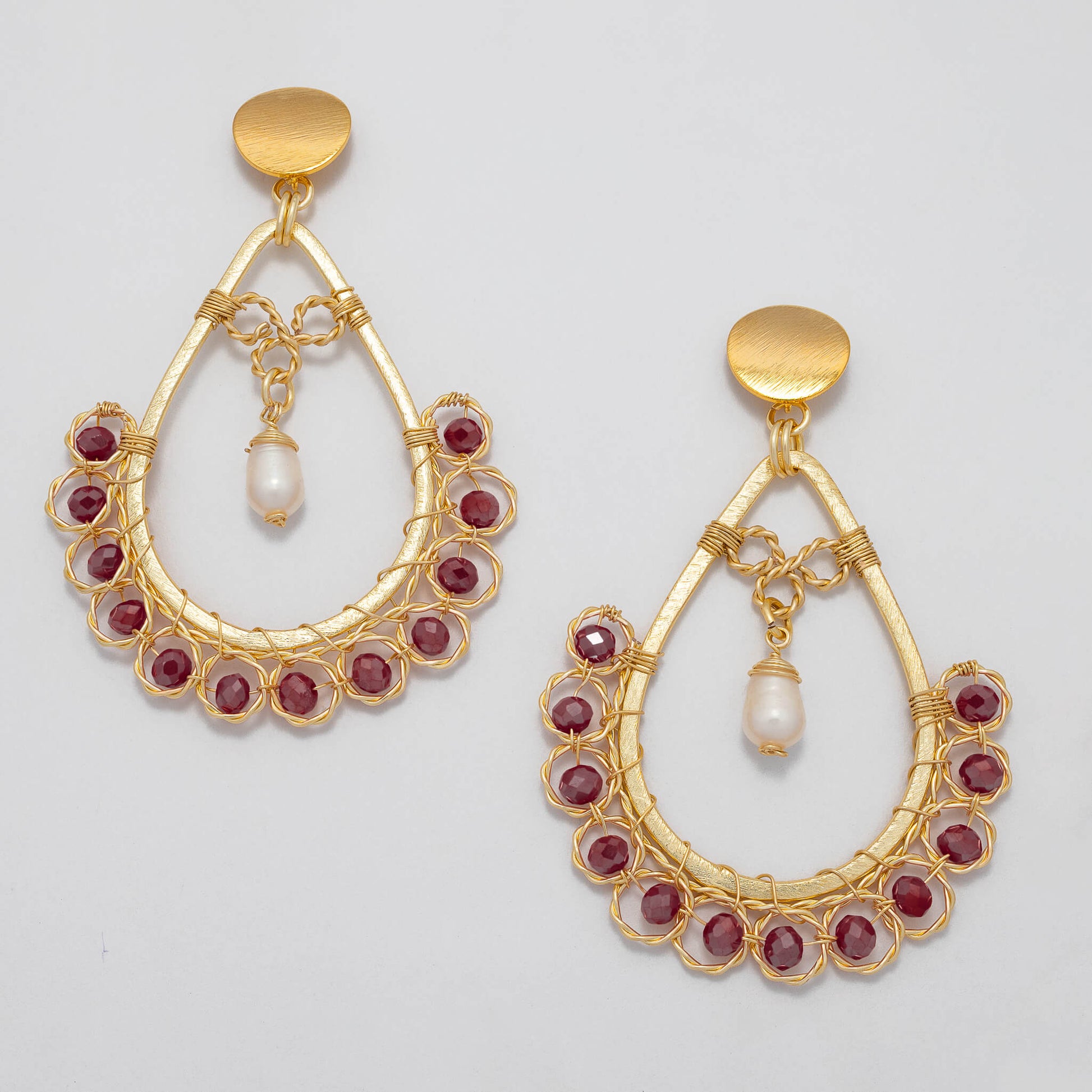Amara I Earrings are 3 inches long. Gold teardrop Earrings. Gold, Burnt Red and White earrings. Handmade with Faceted Crystal beads and freshwater pearls. Wire Wrapped Earrings.