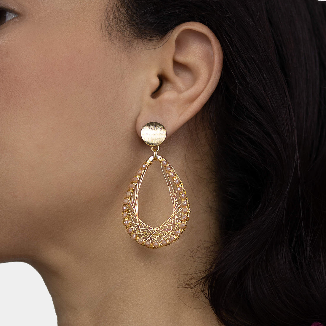 Barsha  Earrings are 2.5 inches long. Gold and Metallic Blue earrings. Beaded Teardrop Earrings. Handmade with non-tarnish wire, Crystal Beads, and a metal frame. Dangle Wire Earrings.