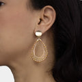 Barsha  Earrings  on a model.  Gold Color Earrings with Peach Crystal Beads. Dangle Earrings.