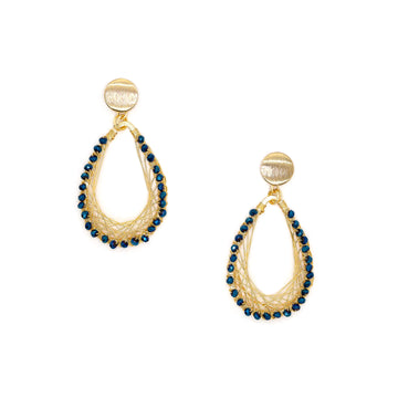 Barsha Earrings are 2.5 inches long. Gold and Metallic Blue earrings. Beaded Teardrop Earrings. Handmade with non-tarnish wire, Crystal Beads, and a metal frame. Dangle Wire Earrings.