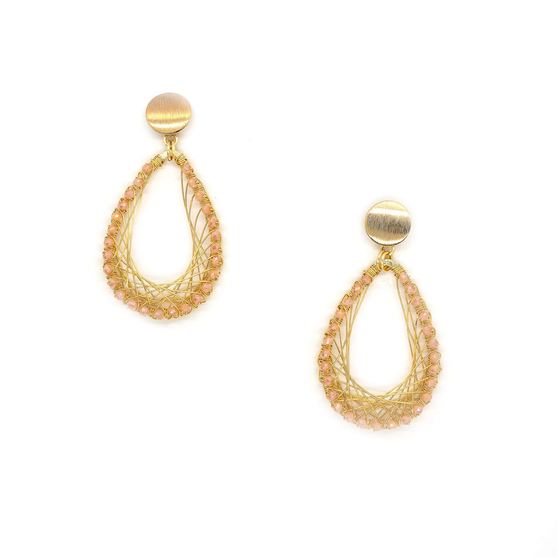 Barsha  Earrings are 2.5 inches long. Gold and Peach earrings. Beaded Teardrop Earrings. Handmade with non-tarnish wire, Crystal Beads, and a metal frame. Dangle Wire Earrings.