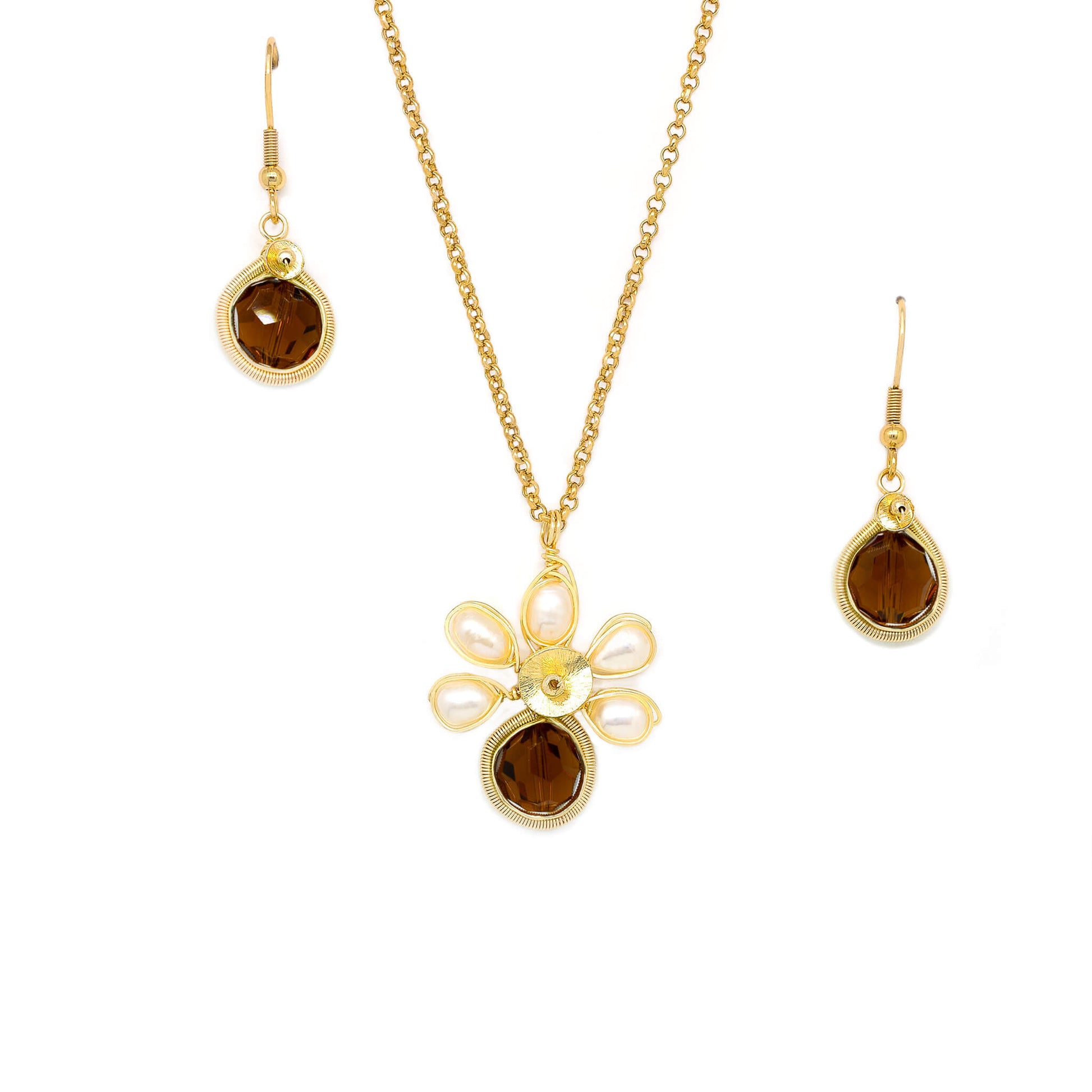 November Birthstone Crystal Necklace.-Earrings Set. Brown Crystals, Fresh Water Pearls  and Gold Set. 22K Gold Plated Chain. 