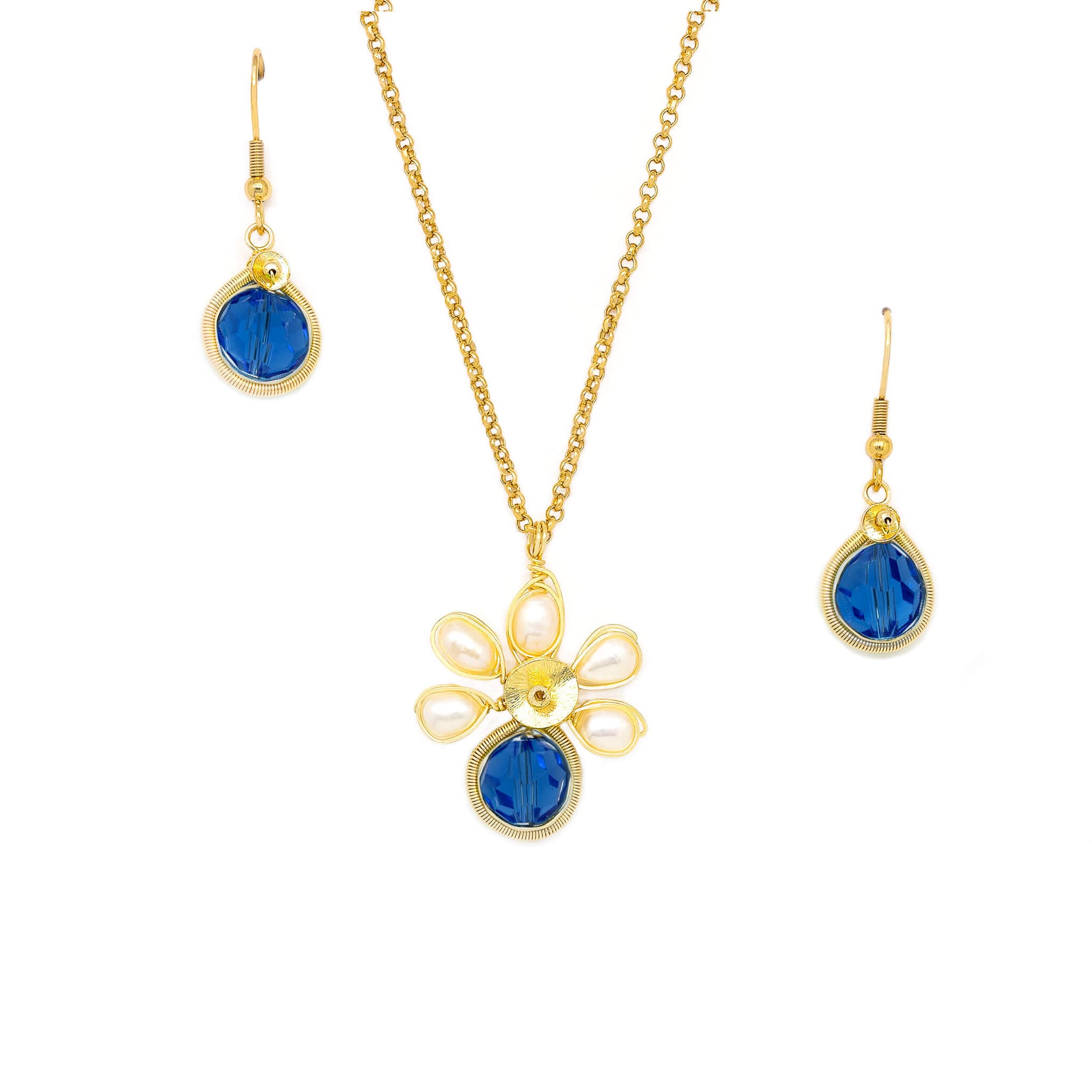 September Birthstone Crystal Necklace.-Earrings Set. Dark Sapphire Blue, Fresh Water Pearls  and Gold Set. 22K Gold Plated Chain. 