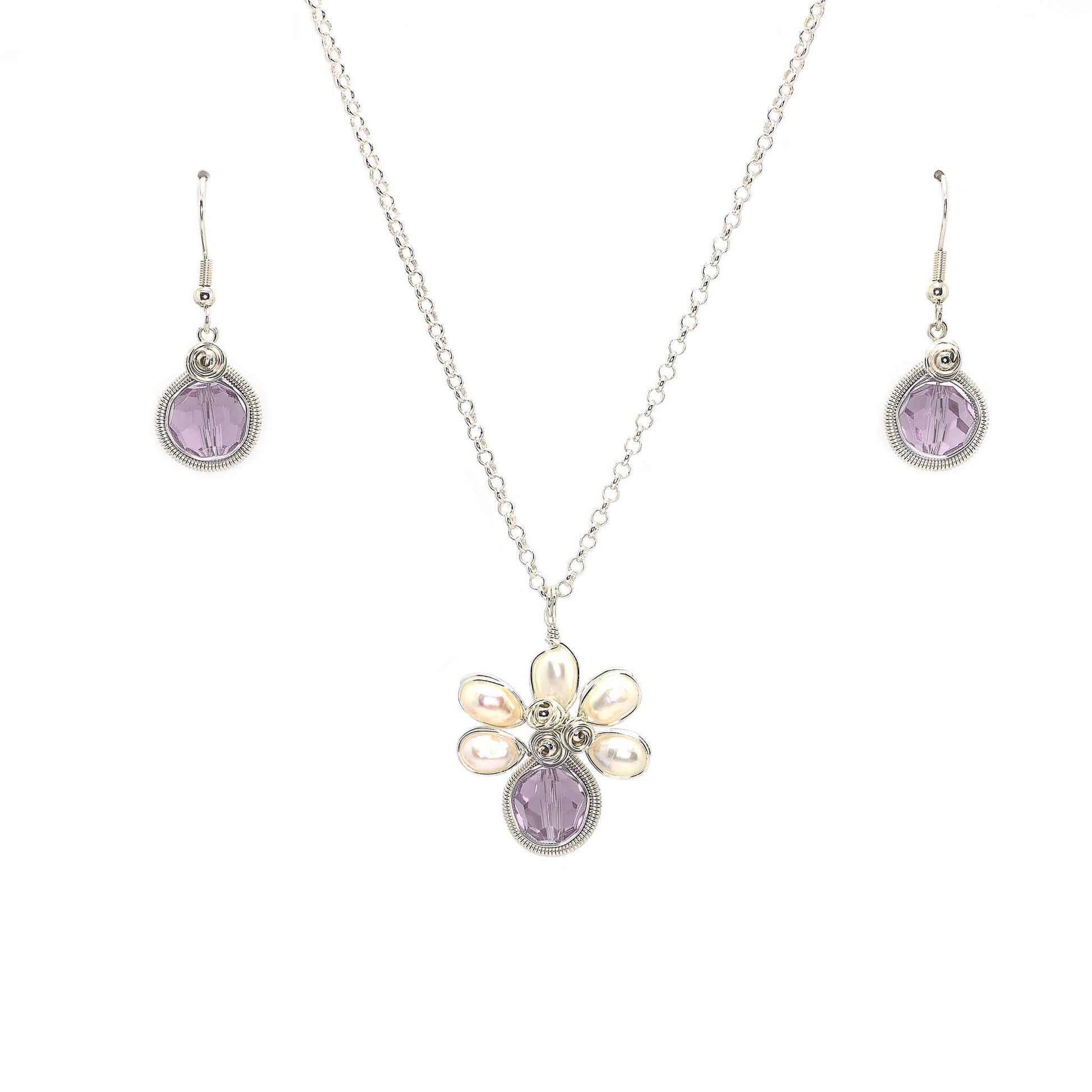 June Birthstone Crystal Necklace.-Earrings Set. Purple Crystals, Fresh Water Pearls  and Silver Set. 9.25 Sterling Silver Chain.