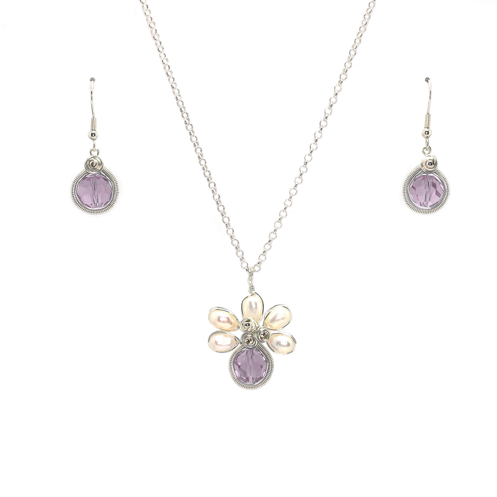 June Birthstone Crystal Necklace.-Earrings Set. Purple Crystals, Fresh Water Pearls  and Silver Set. 9.25 Sterling Silver Chain. 