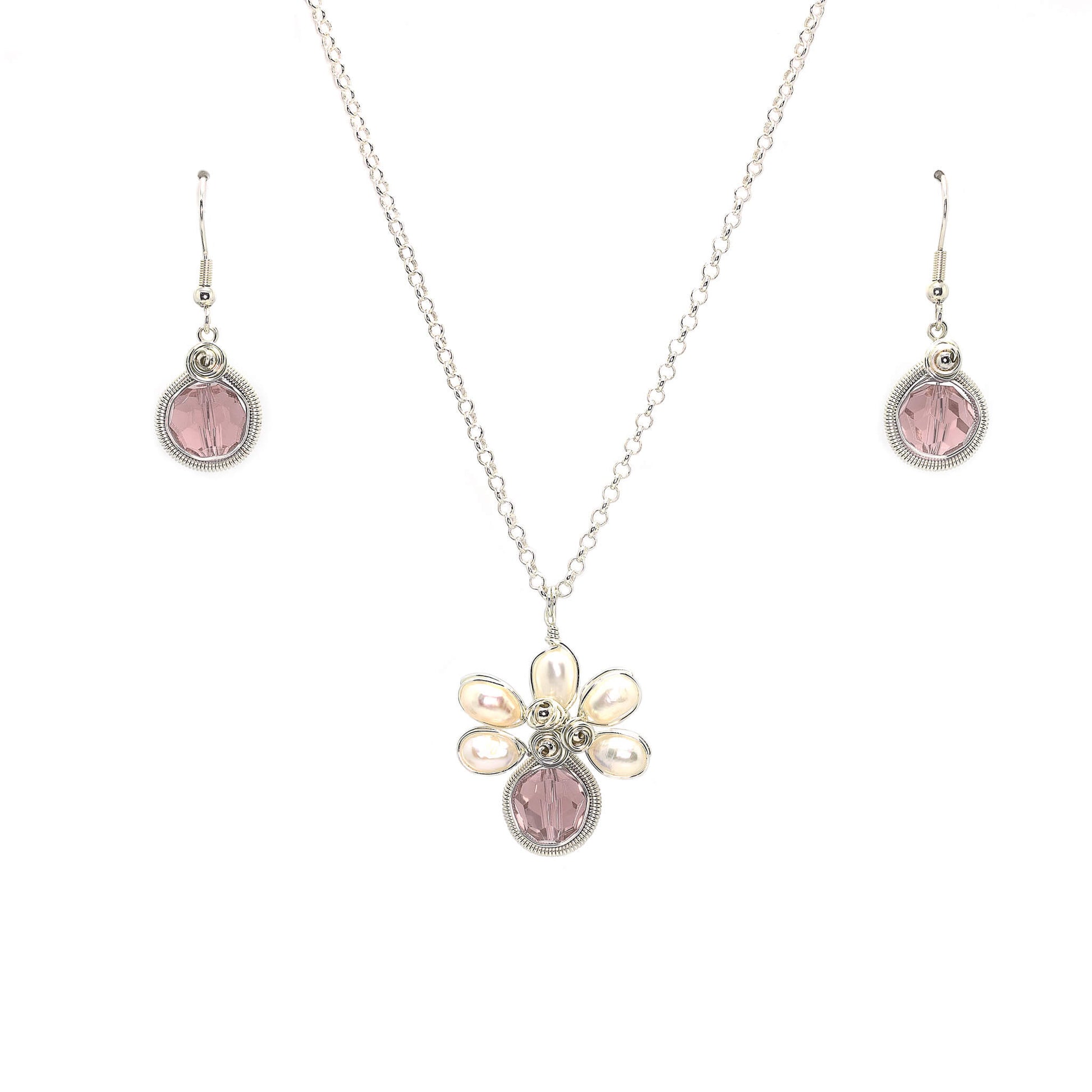 October Birthstone Crystal Necklace.-Earrings Set. Pink Crystals, Fresh Water Pearls  and Silver Set. 9.25 Sterling Silver Chain.