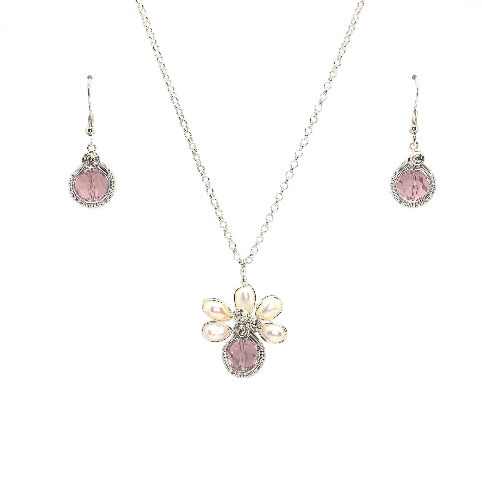October Birthstone Crystal Necklace.-Earrings Set. Pink Crystals, Fresh Water Pearls  and Silver Set. 9.25 Sterling Silver Chain. 