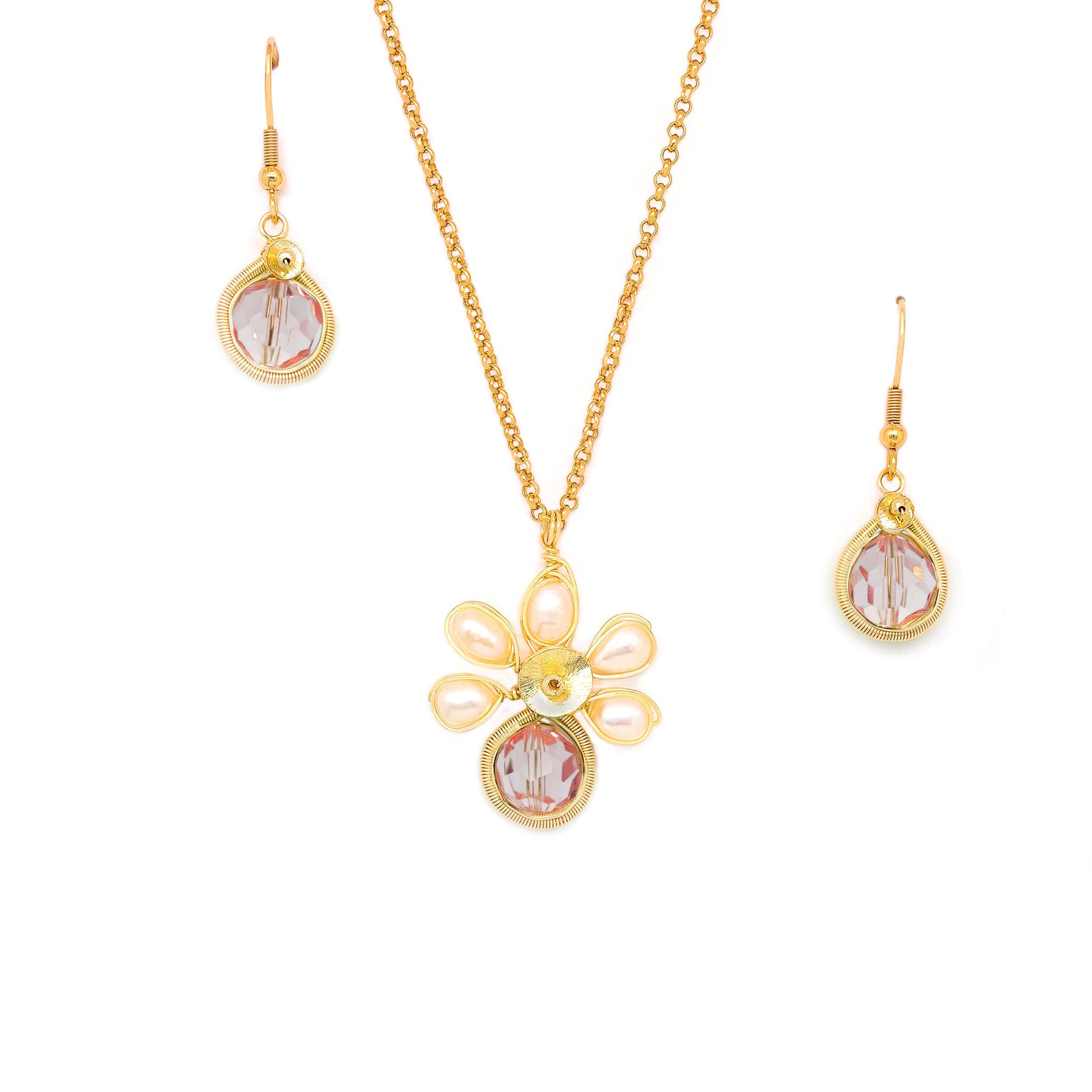 October Birthstone Crystal Necklace.-Earrings Set. Pink Crystals, Fresh Water Pearls  and Gold Set. 22K Gold Plated Chain. 