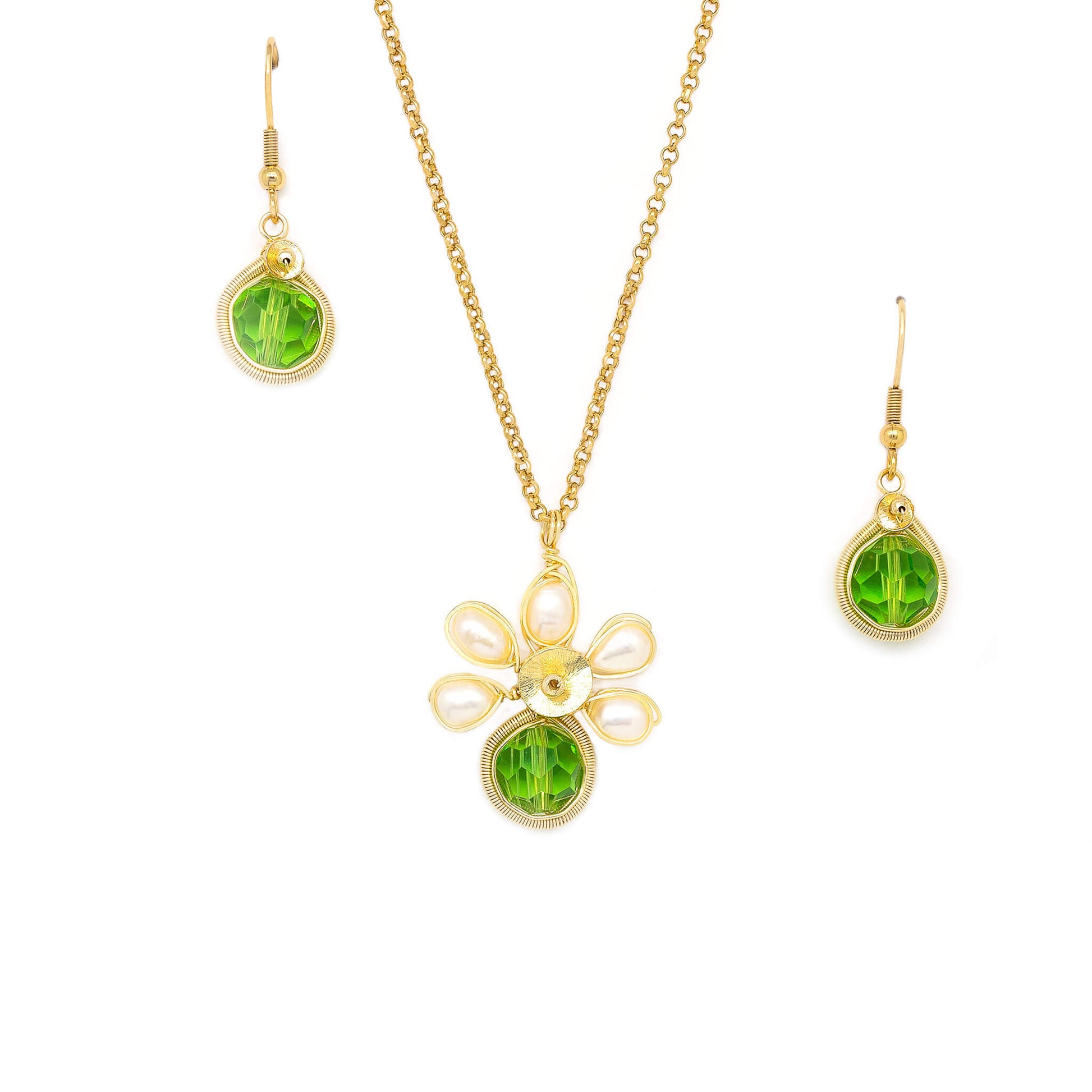 August Birthstone Crystal Necklace.-Earrings Set. Green Crystals, Fresh Water Pearls  and Gold Set. 22K Gold Plated Chain. 