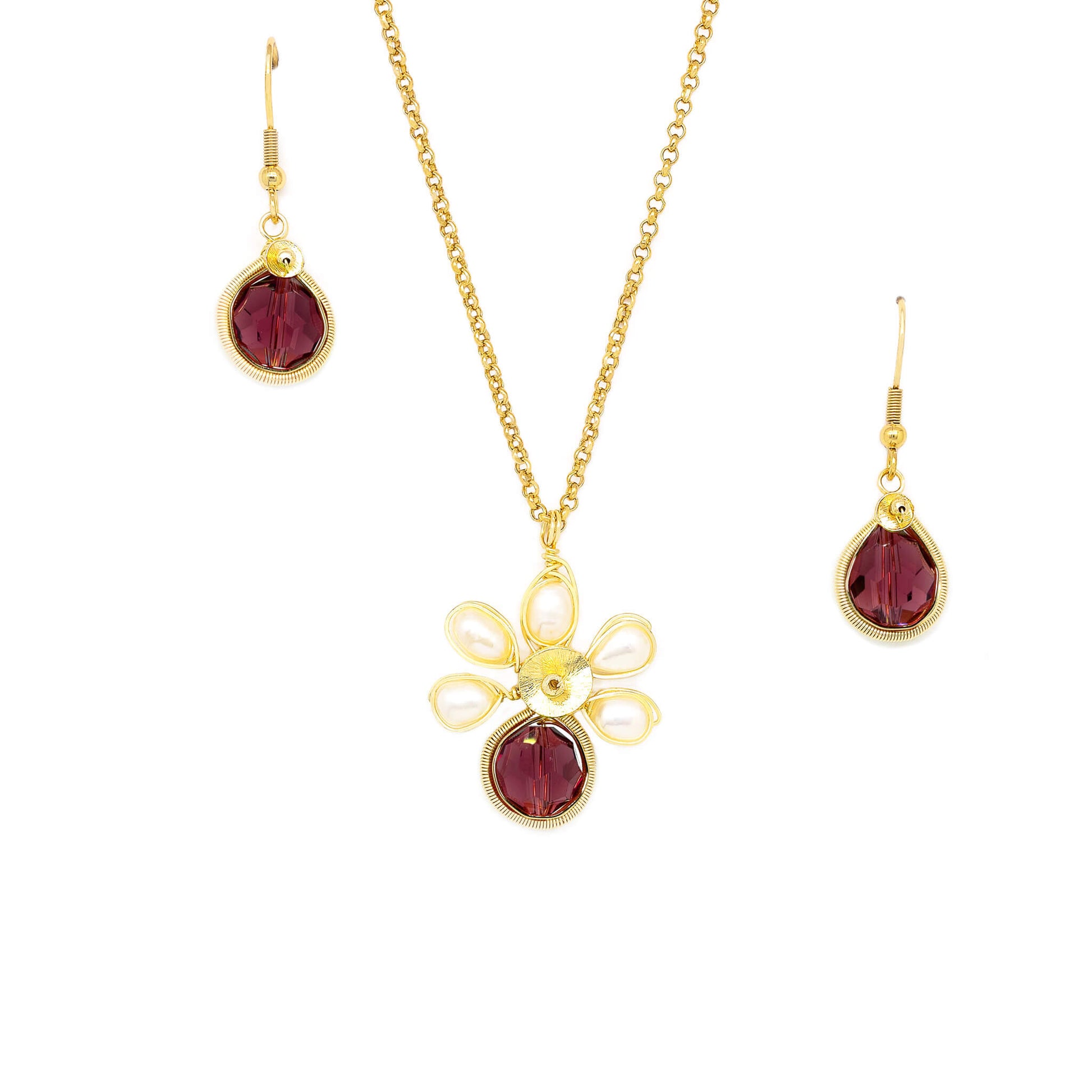 February Birthstone Crystal Necklace.-Earrings Set. Purple Crystals, Fresh Water Pearls  and Gold Set. 22K Gold Plated Chain.