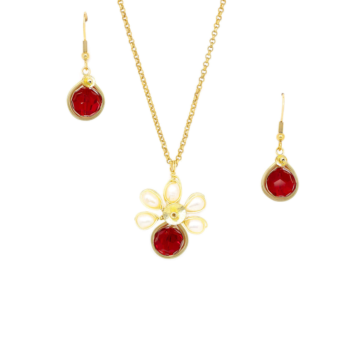 July Birthstone Crystal Necklace.-Earrings Set.  Red Crystals, Fresh Water Pearls  and Gold Set. 22K Gold Plated Chain.
