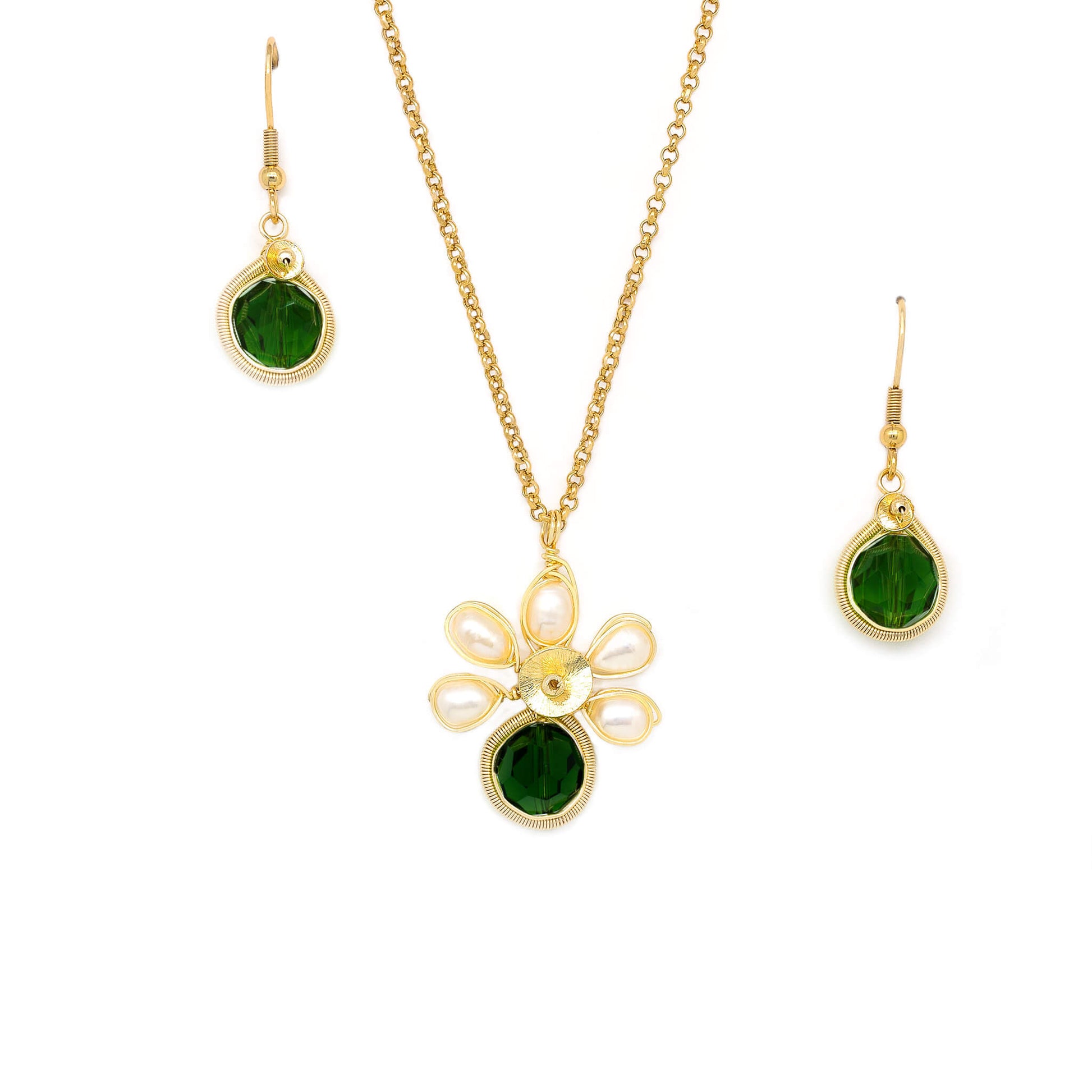 May Birthstone Crystal Necklace.-Earrings Set. Dark Green Crystals, Fresh Water Pearls  and Gold Set. 22K Gold Plated Chain. 