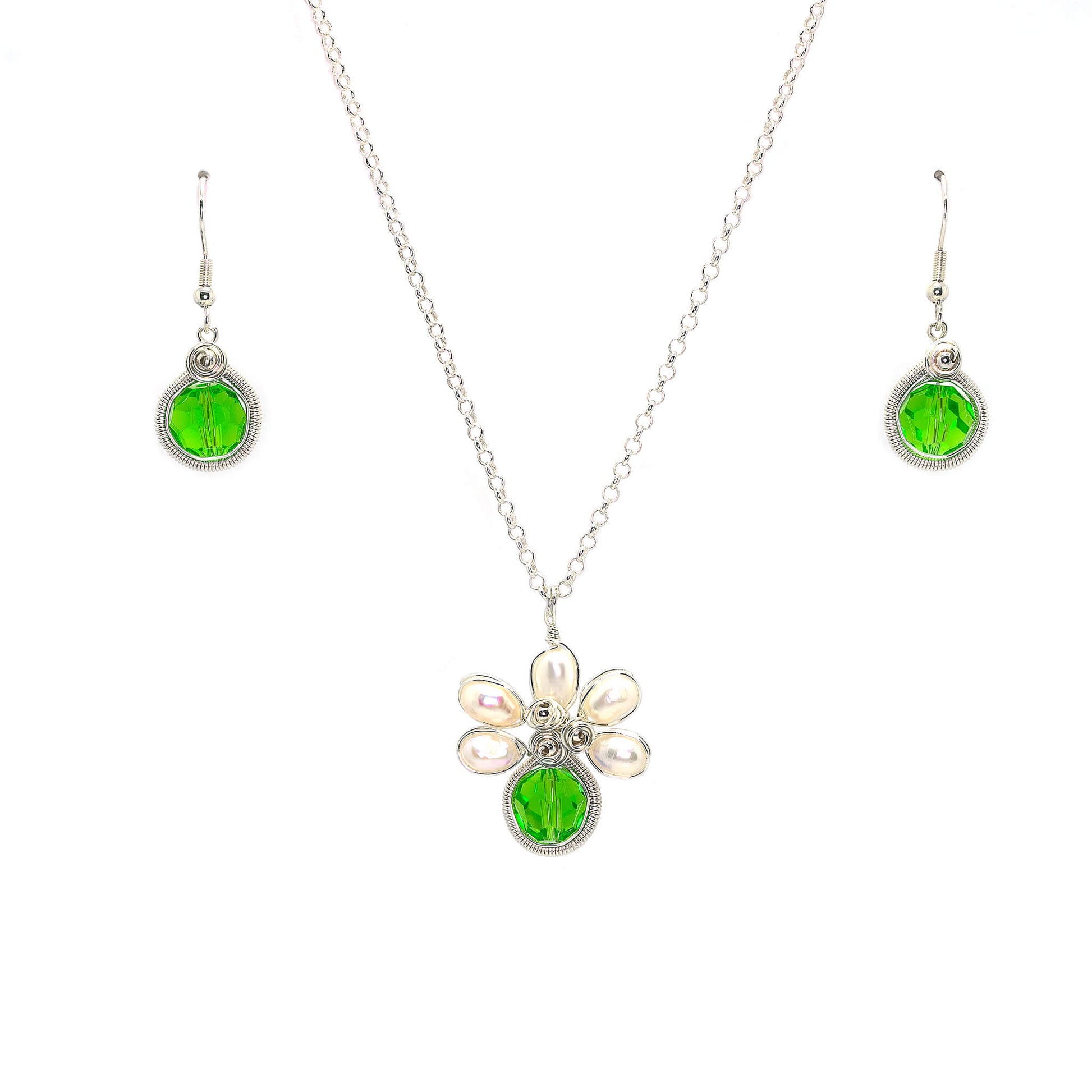 August Birthstone Crystal Necklace.-Earrings Set. Green Crystals, Fresh Water Pearls  and Silver Set. 9.25 Sterling Silver Chain.