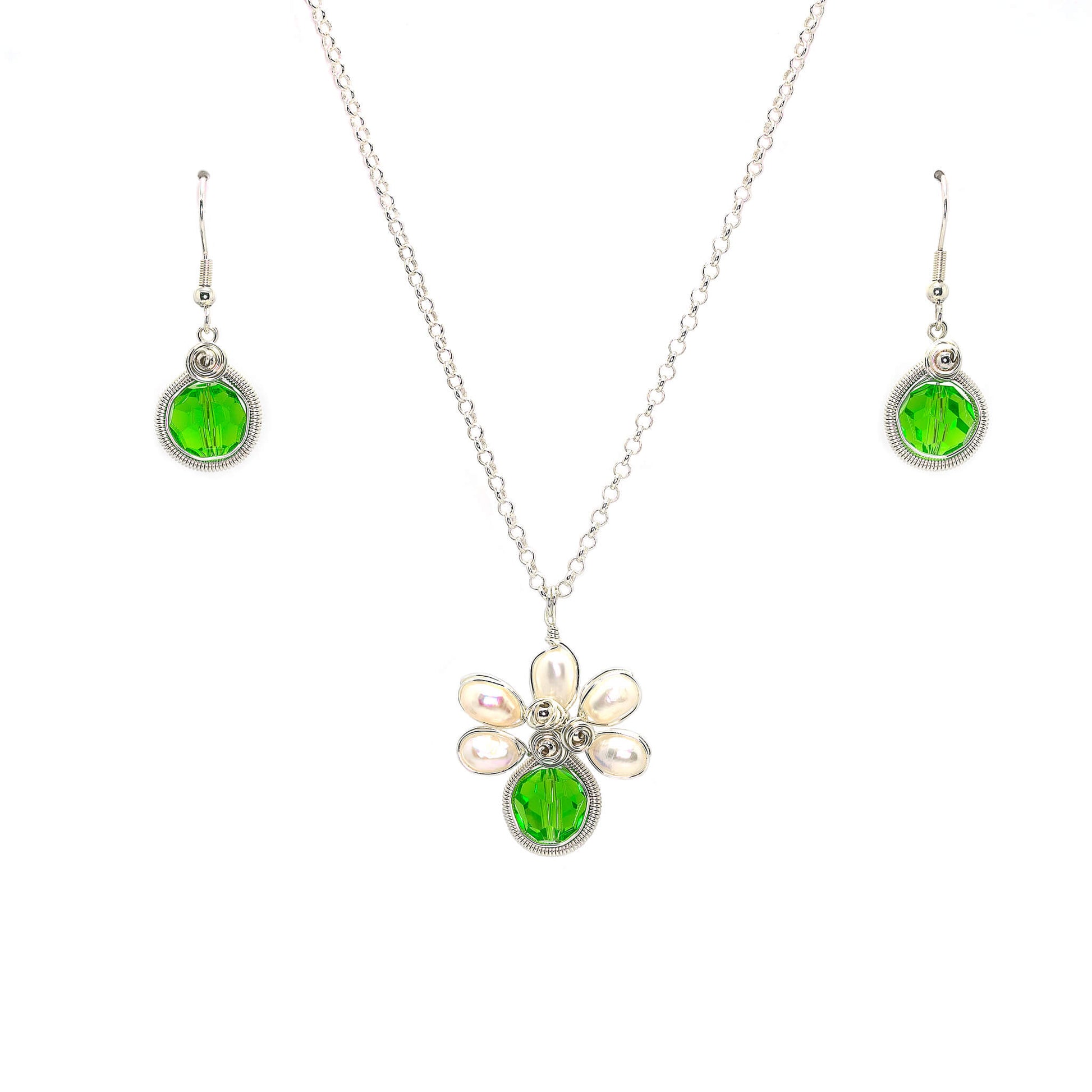August Birthstone Crystal Necklace.-Earrings Set. Green Crystals, Fresh Water Pearls  and Silver Set. 9.25 Sterling Silver Chain. 