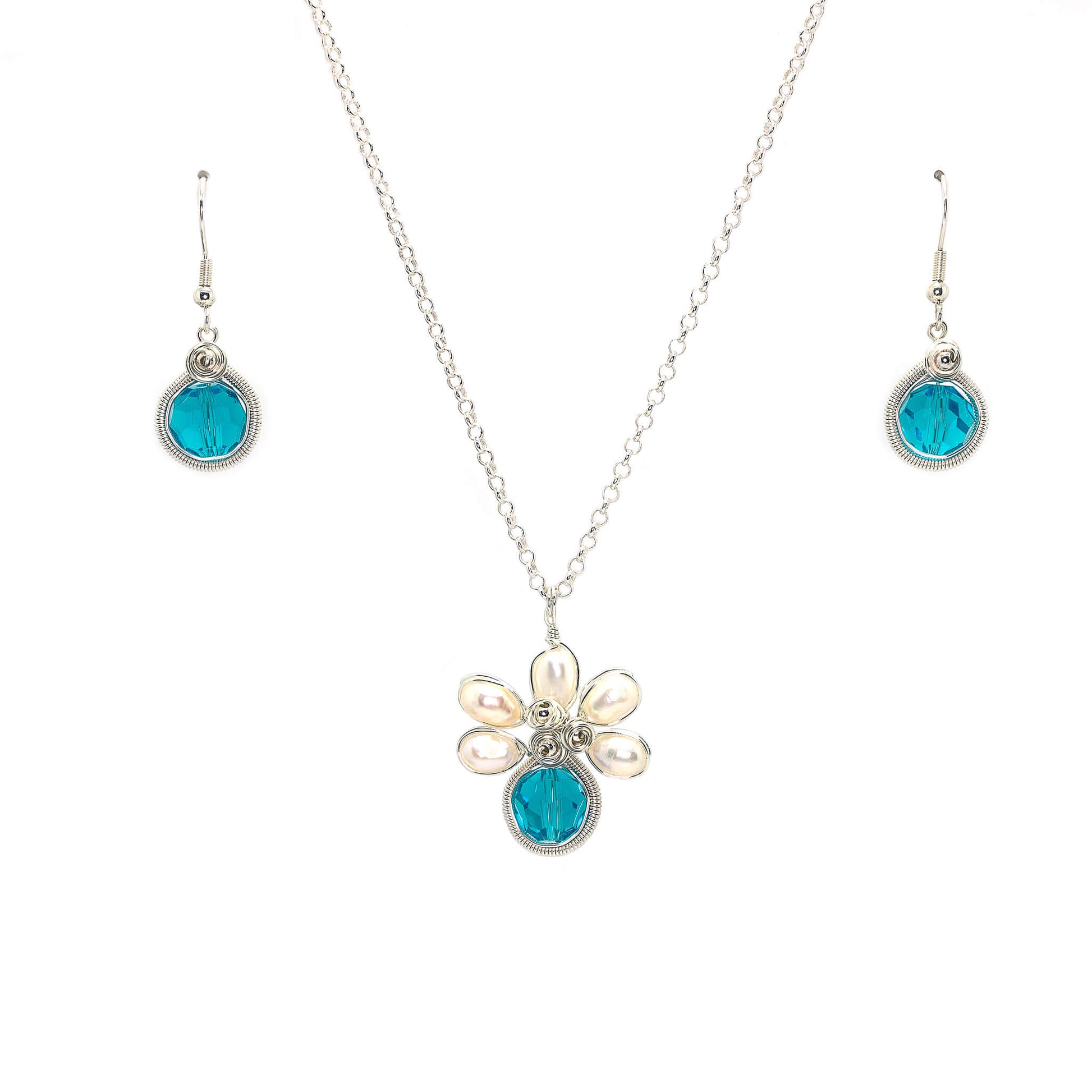 March Birthstone Crystal Necklace.-Earrings Set. Light Blue Crystals, Fresh Water Pearls  and Silver Set. 9.25 Sterling Silver Chain.