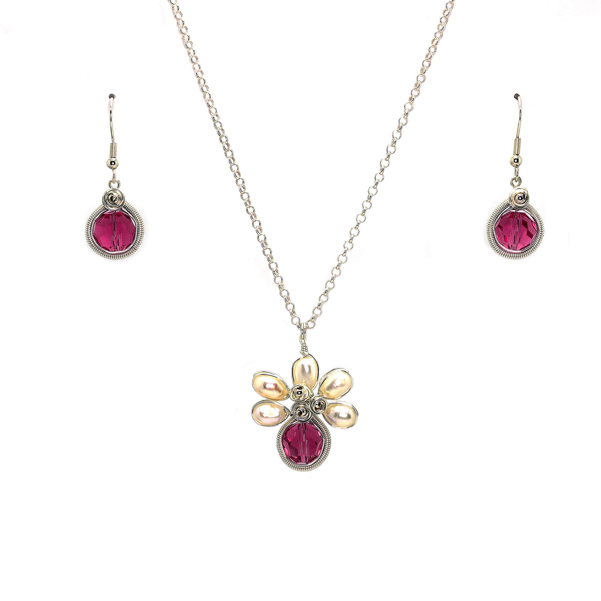 February Birthstone Crystal Necklace.-Earrings Set. Purple Crystals, Fresh Water Pearls  and Silver Set. 9.25 Sterling Silver Chain.