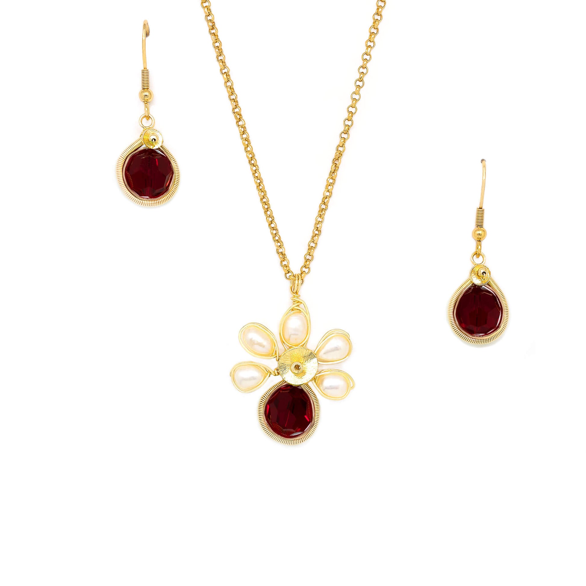 January Birthstone Crystal Necklace.-Earrings Set. Dark Red Crystals, Fresh Water Pearls  and Gold Set. 22K Gold Plated Chain. 