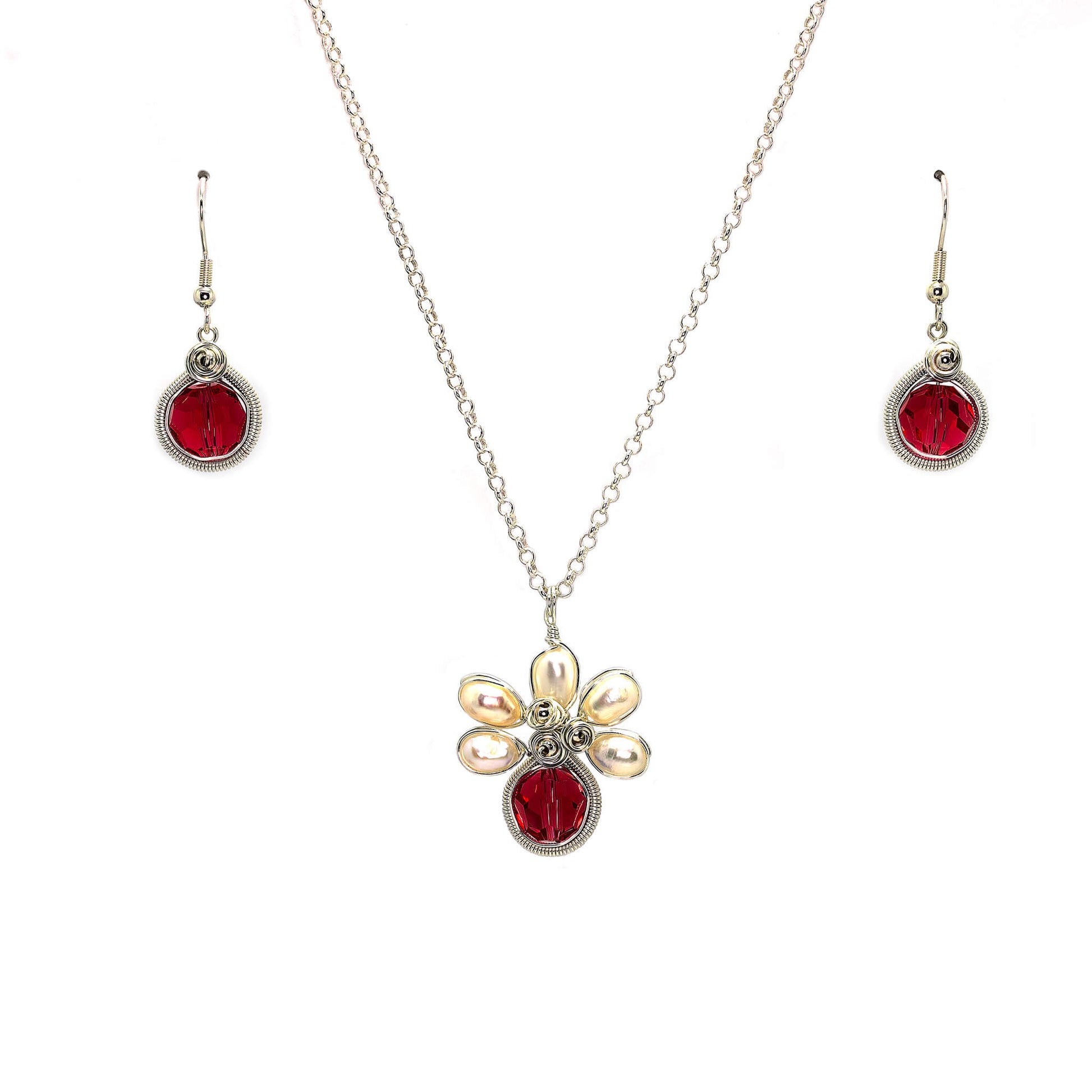 July Birthstone Crystal Necklace.-Earrings Set.  Red Crystals, Fresh Water Pearls  and Silver Set. 9.25 Sterling Silver Chain. 