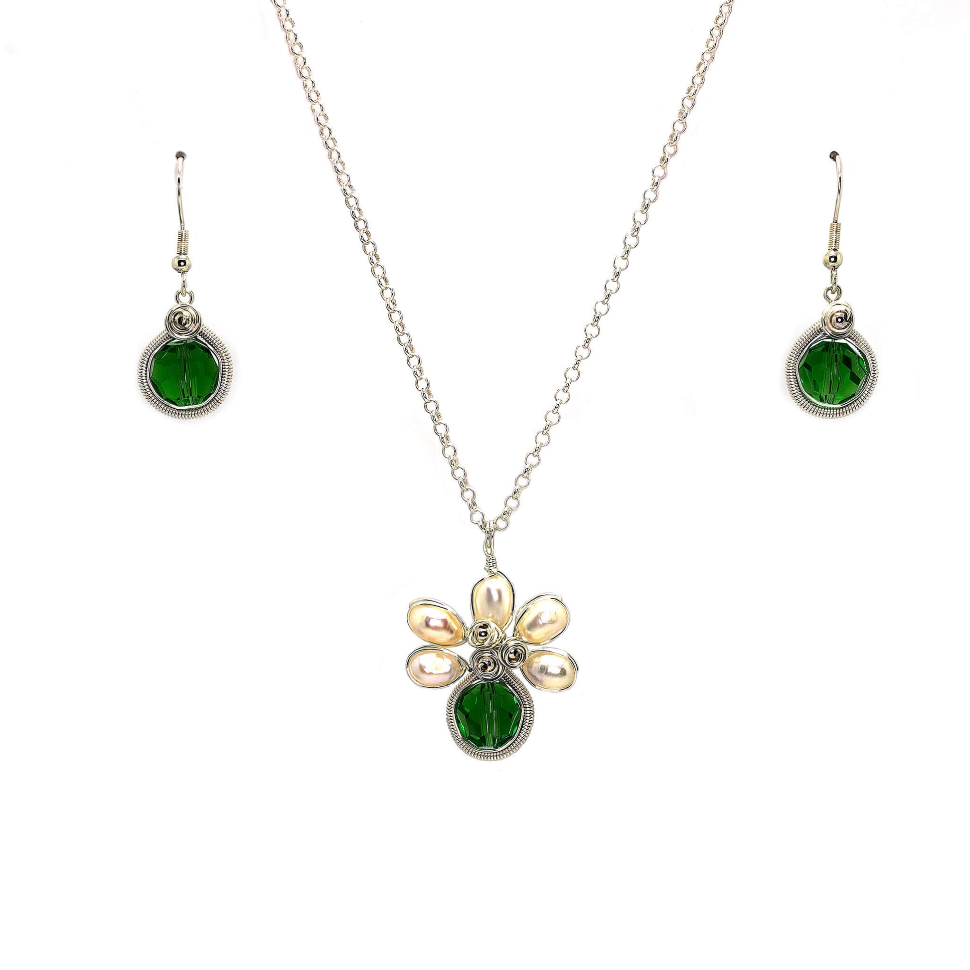 May Birthstone Crystal Necklace.-Earrings Set. Dark Green Crystals, Fresh Water Pearls  and Silver Set. 9.25 Sterling Silver Chain.