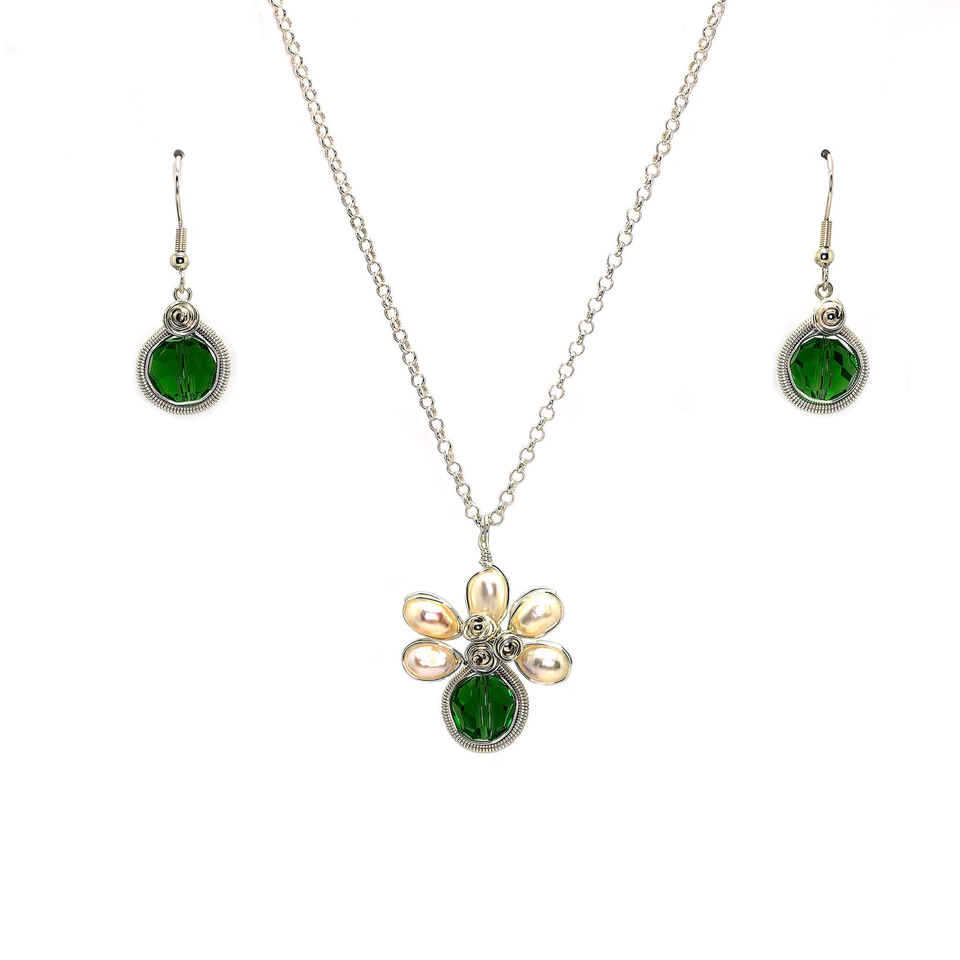 May Birthstone Crystal Necklace.-Earrings Set. Dark Green Crystals, Fresh Water Pearls  and Silver Set. 9.25 Sterling Silver Chain. 