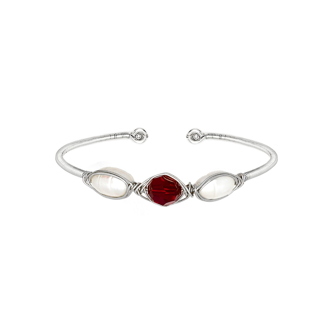 January Birthstone Crystal Silver Bracelet. Red Crystal, Fresh Water Pearls, and Non tarnish Silver color wire. Wire Wrapped Bracelet.