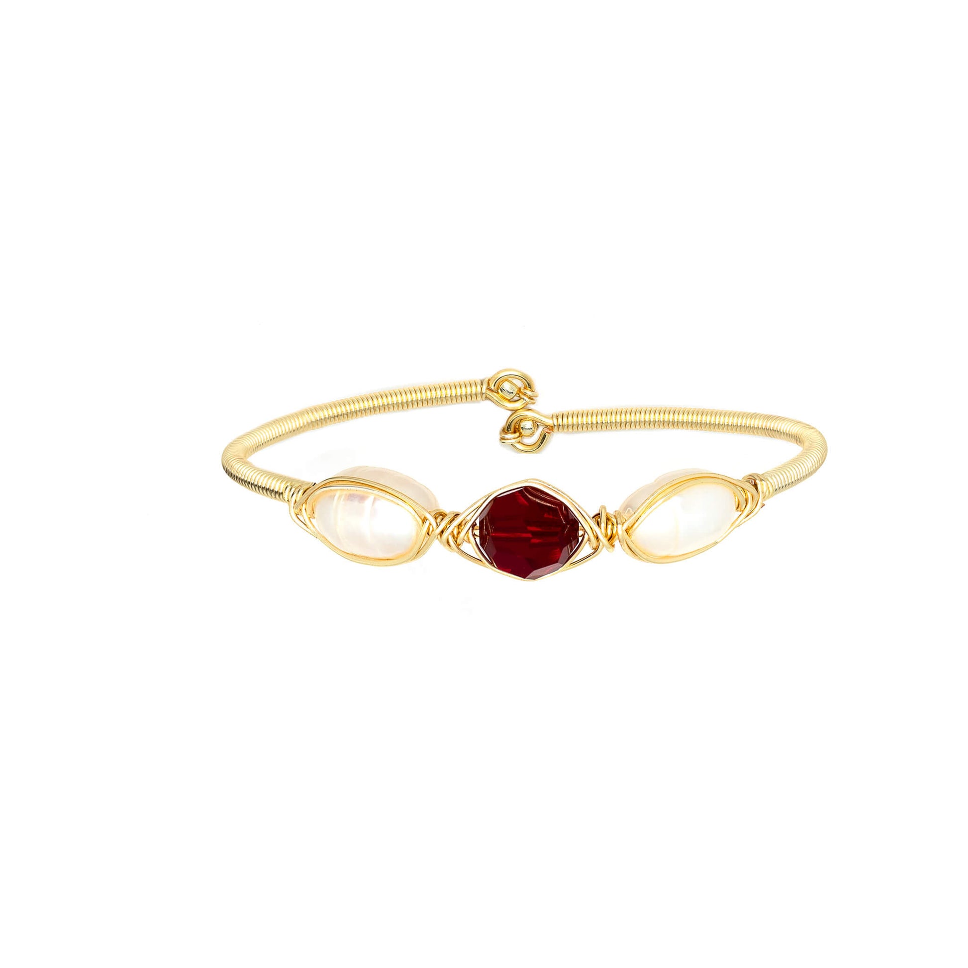 January Birthstone Crystal Gold Bracelet. Dark Red Crystal, Fresh Water Pearls and Non tarnish Gold color wire. Wire Wrapped Bracelet.
