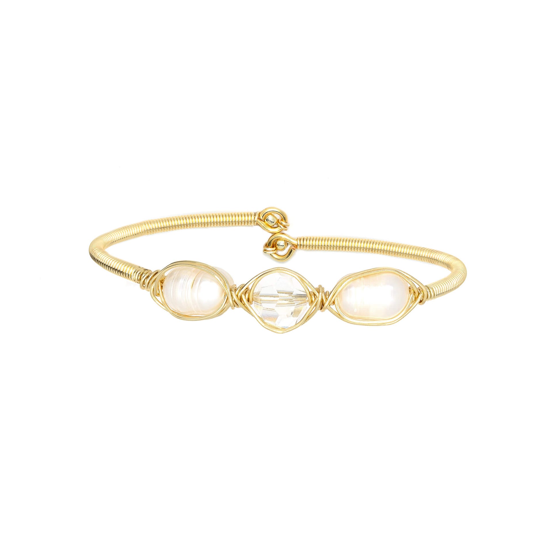 April Birthstone Crystal Gold Bracelet. Clear Crystal, Fresh Water Pearls and Non tarnish Gold color wire. Wire Wrapped Bracelet.