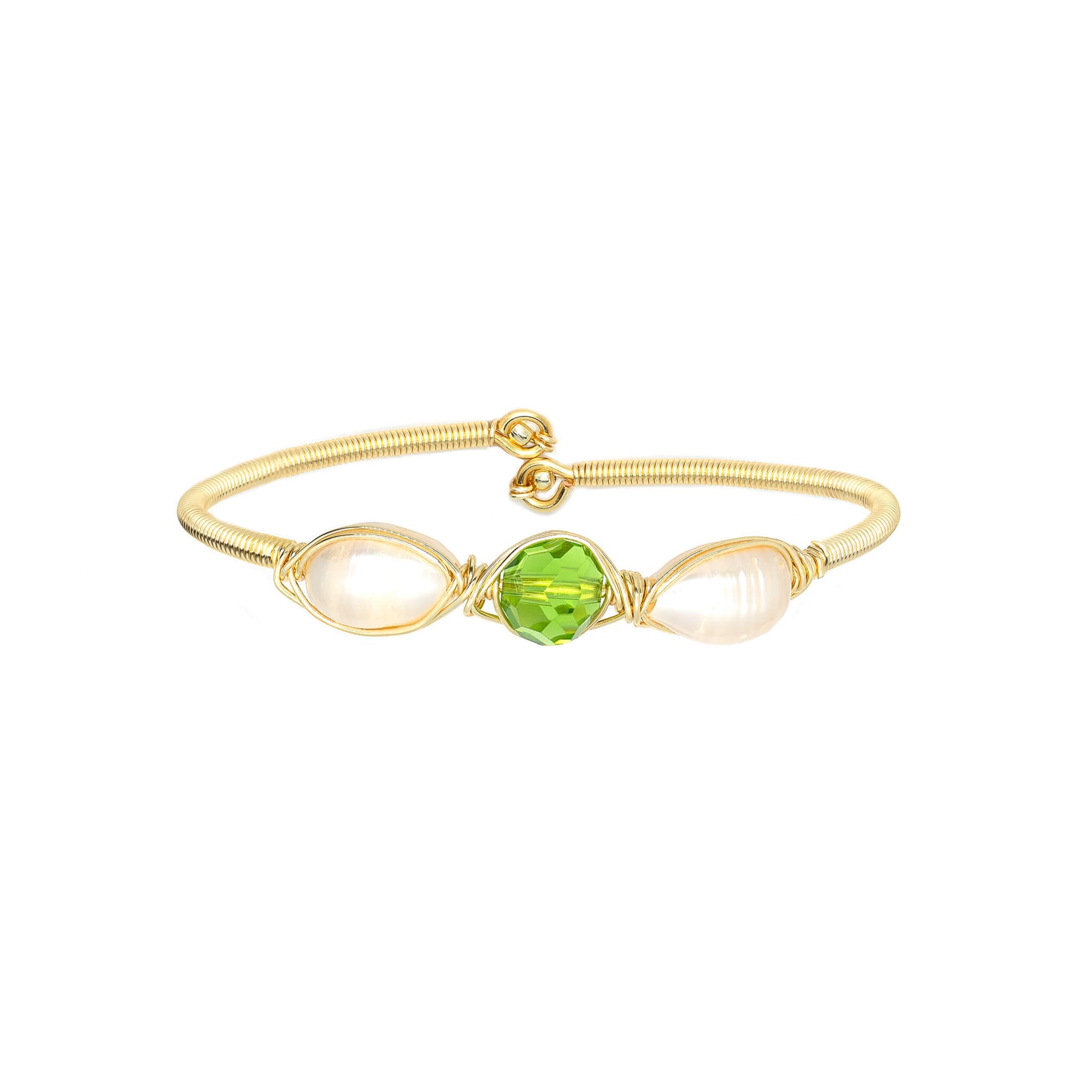 August Birthstone Crystal Gold Bracelet. Light Green Crystal, Fresh Water Pearls and Non tarnish Gold color wire. Wire Wrapped Bracelet.
