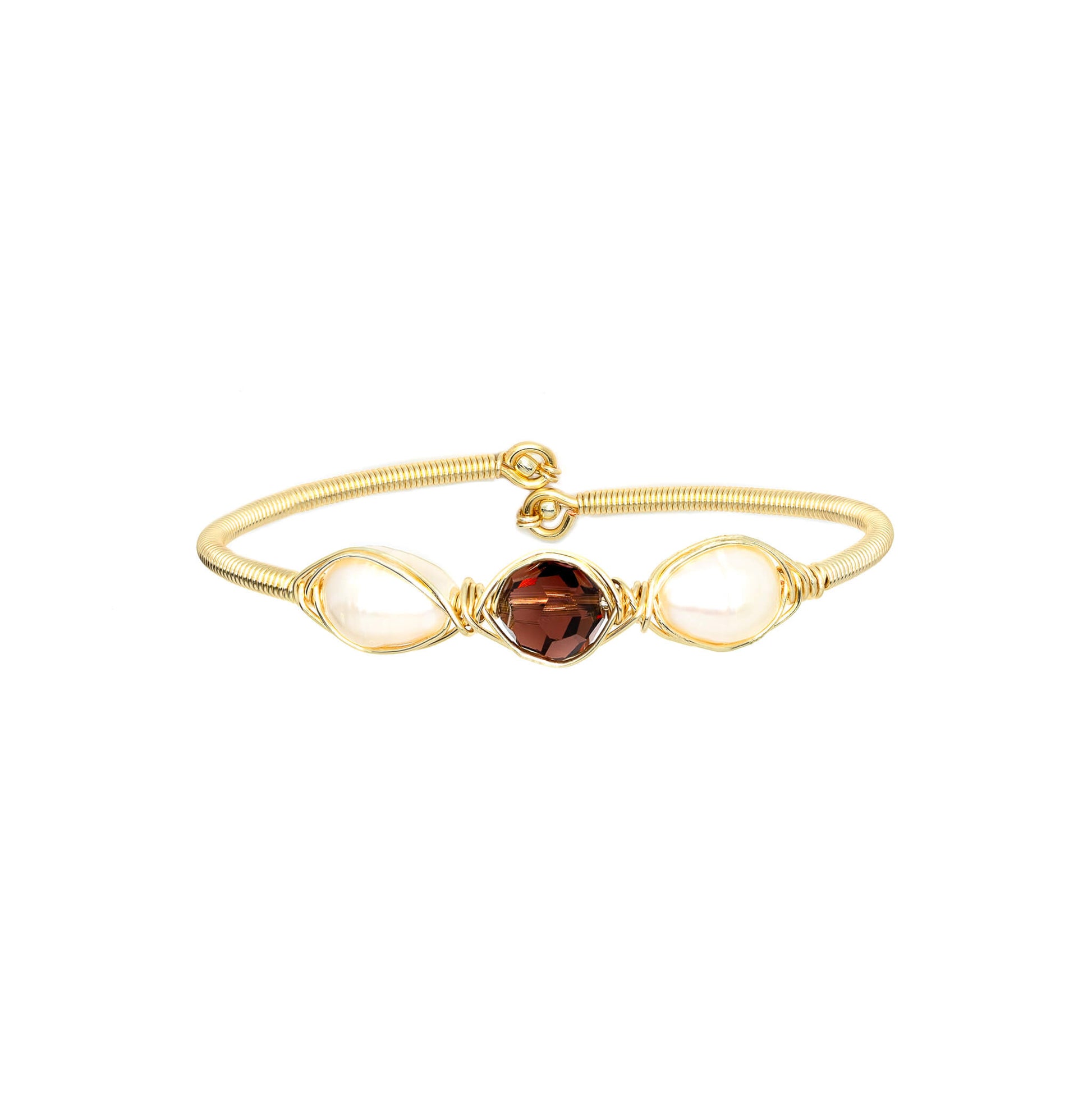 February Birthstone Crystal Gold Bracelet. Purple Crystal, Fresh Water Pearls and Non tarnish Gold color wire. Wire Wrapped Bracelet.