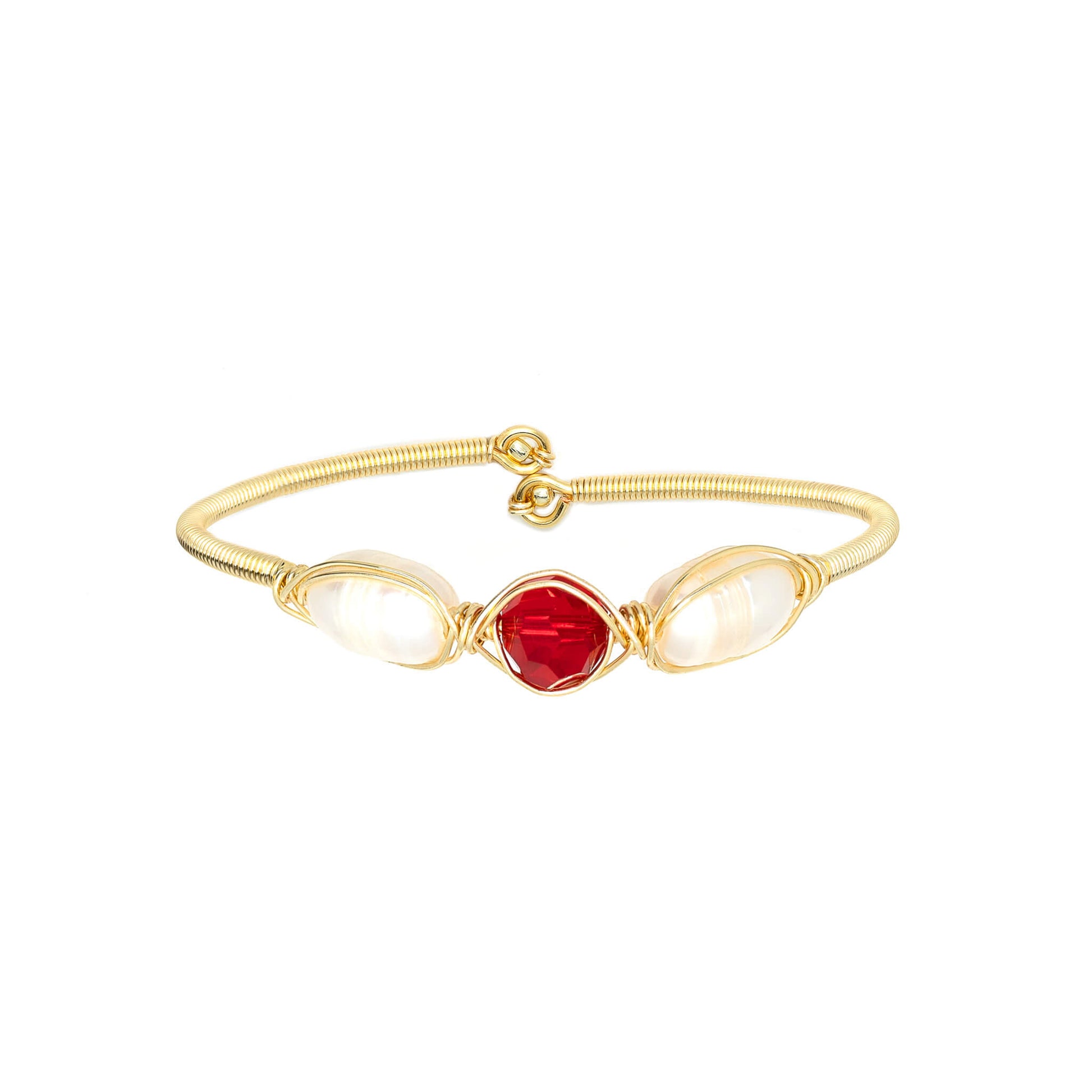 July Birthstone Crystal Gold Bracelet. Red Crystal, Fresh Water Pearls and Non tarnish Gold color wire. Wire Wrapped Bracelet.