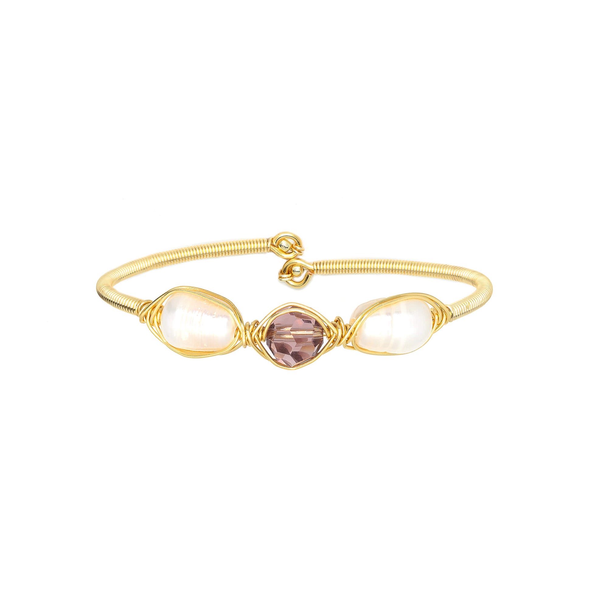June Birthstone Crystal Gold Bracelet. Light Purple Crystal, Fresh Water Pearls and Non tarnish Gold color wire. Wire Wrapped Bracelet.