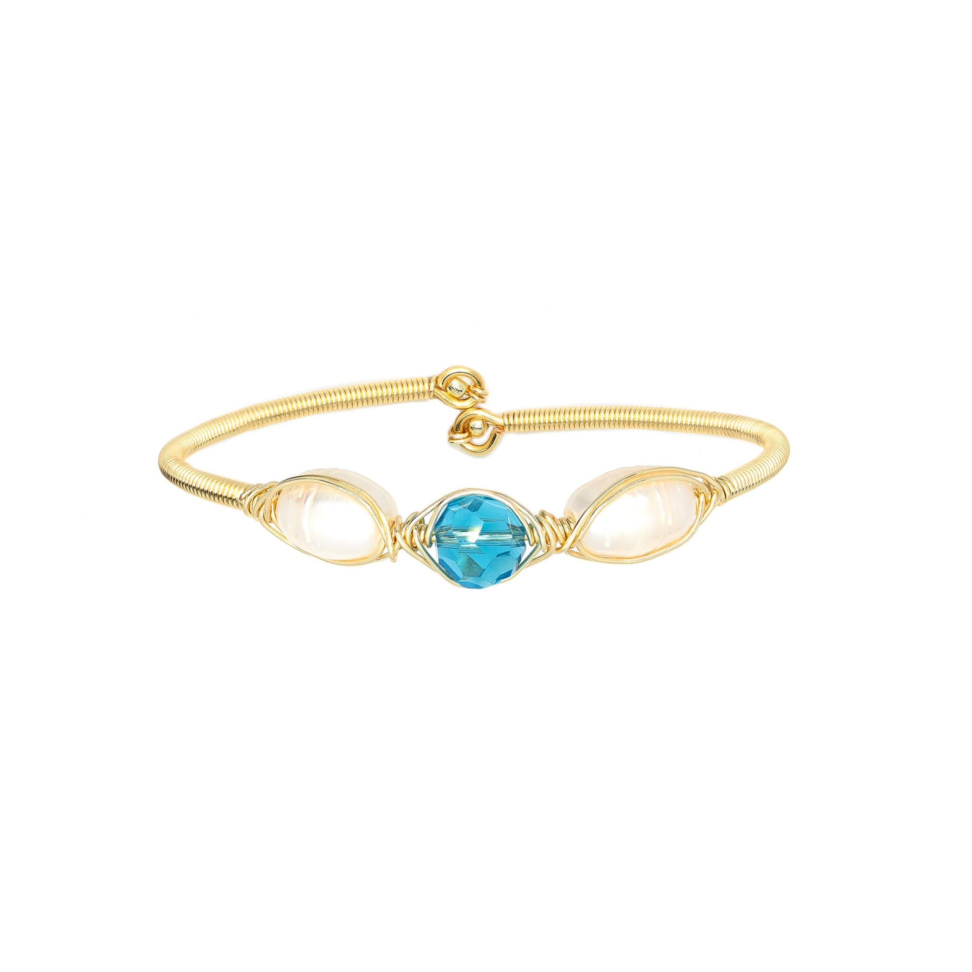 March Birthstone Crystal Gold Bracelet. Aqua Blue Crystal, Fresh Water Pearls and Non tarnish Gold color wire. Wire Wrapped Bracelet.