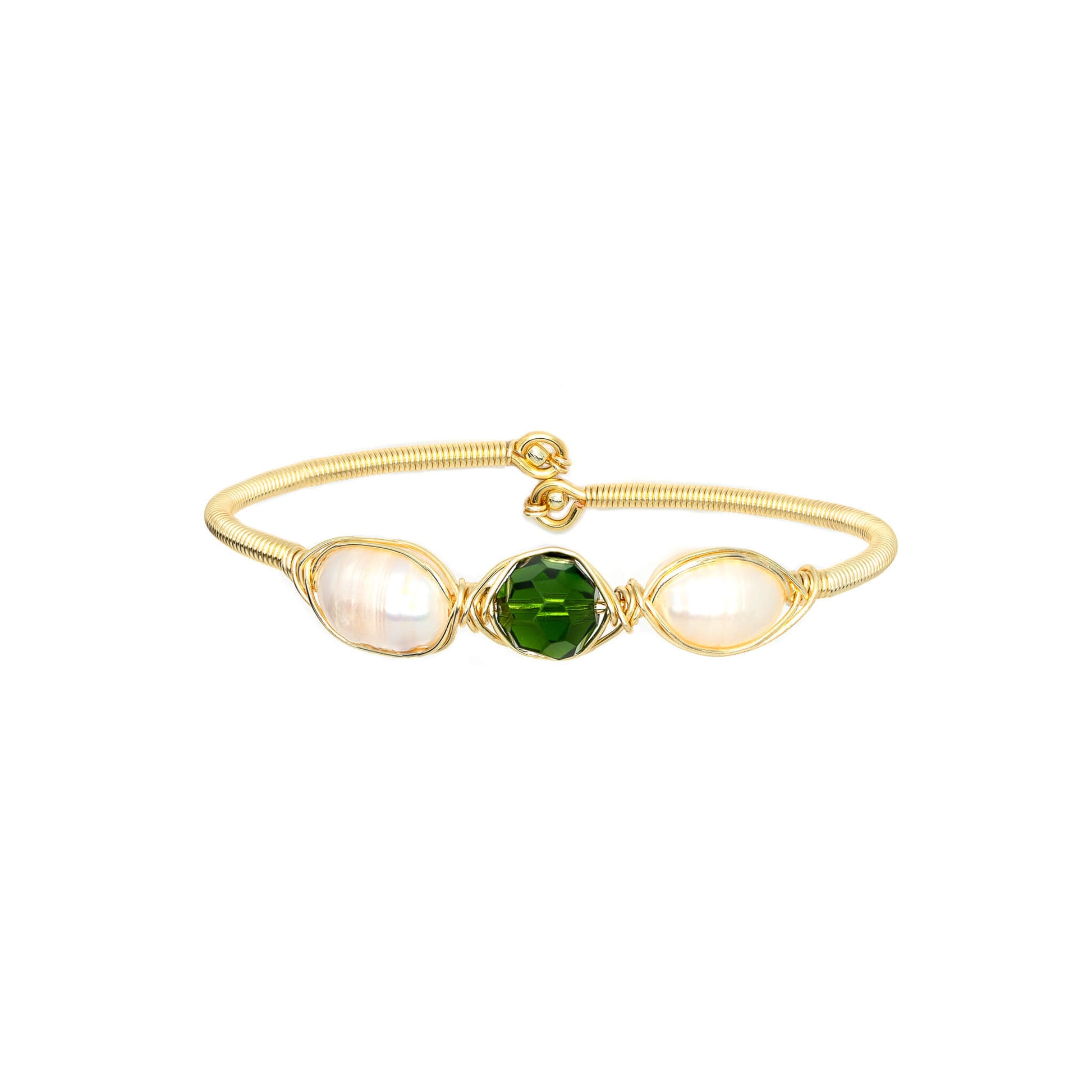 May Birthstone Crystal Gold Bracelet. Green Crystal, Fresh Water Pearls and Non tarnish Gold color wire. Wire Wrapped Bracelet.