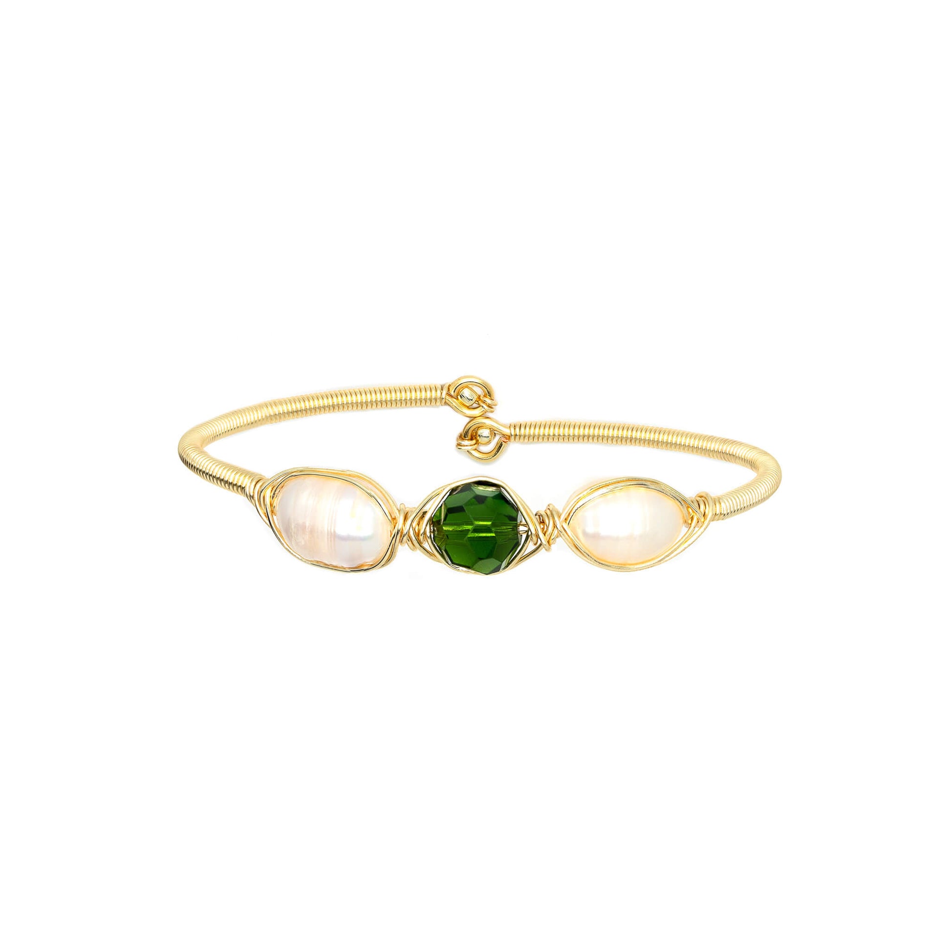 May Birthstone Crystal Gold Bracelet. Green Crystal, Fresh Water Pearls  and Non tarnish Gold color wire. Wire Wrapped Bracelet.