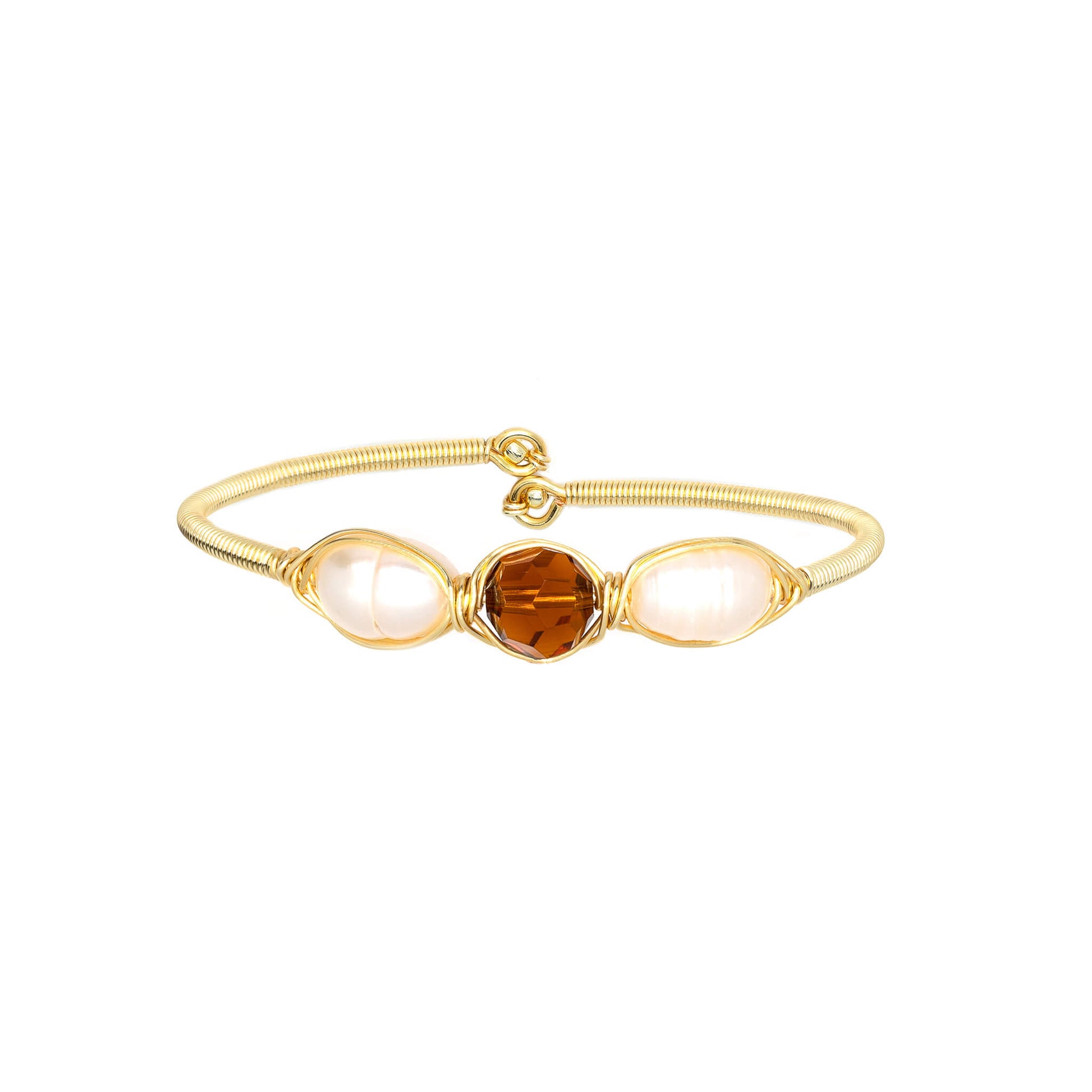 November Birthstone Crystal Gold Bracelet. Brown Crystals, Fresh Water Pearls and Non tarnish Gold color wire. Wire Wrapped Bracelet.