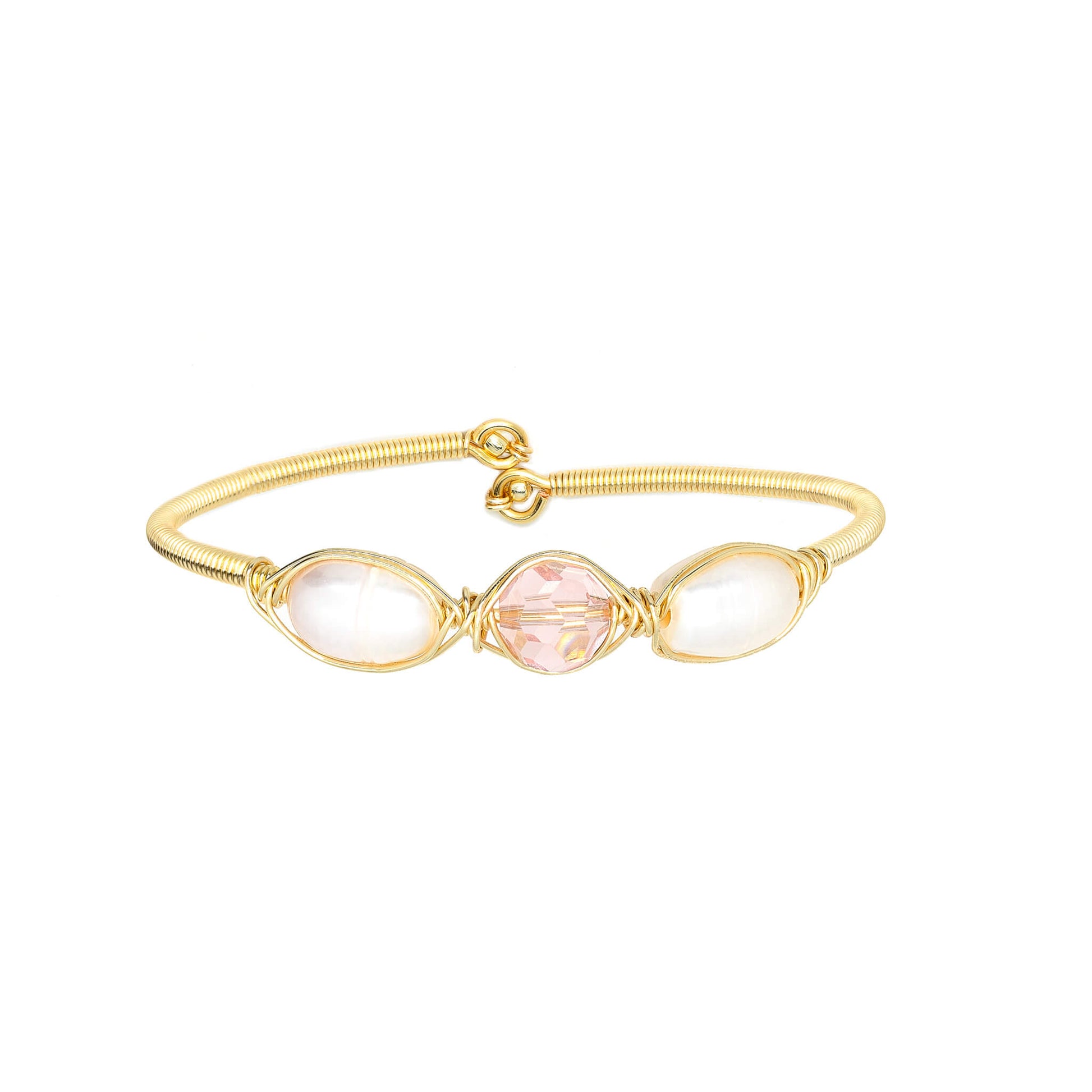 October Birthstone Crystal Gold Bracelet. Light Pink Crystal, Fresh Water Pearls and Non tarnish Gold color wire. Wire Wrapped Bracelet.