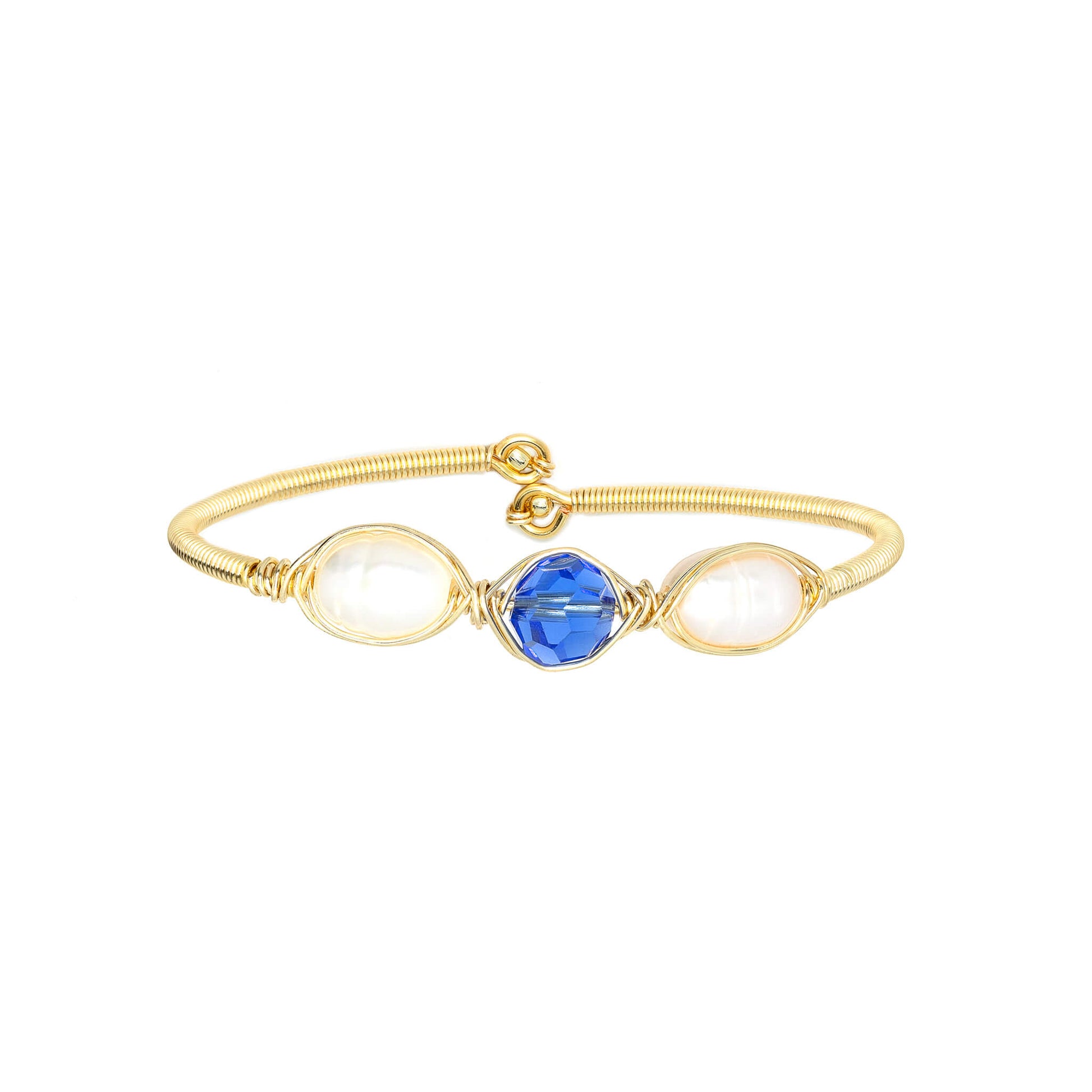 September Birthstone Crystal Gold Bracelet. Blue Crystal, Fresh Water Pearls and Non tarnish Gold color wire. Wire Wrapped Bracelet.
