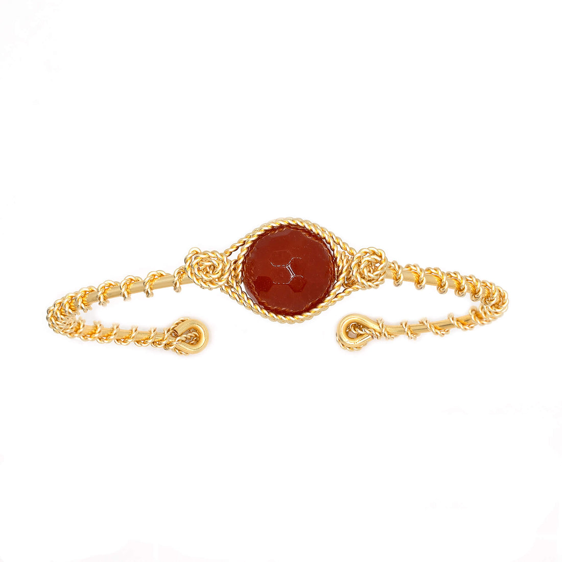 Enger Bracelet is one size fits all. Gold and Red bracelet. Handmade with Non-tarnish Gold plated wire and Round beads crystals. Wire wrapped bracelet.