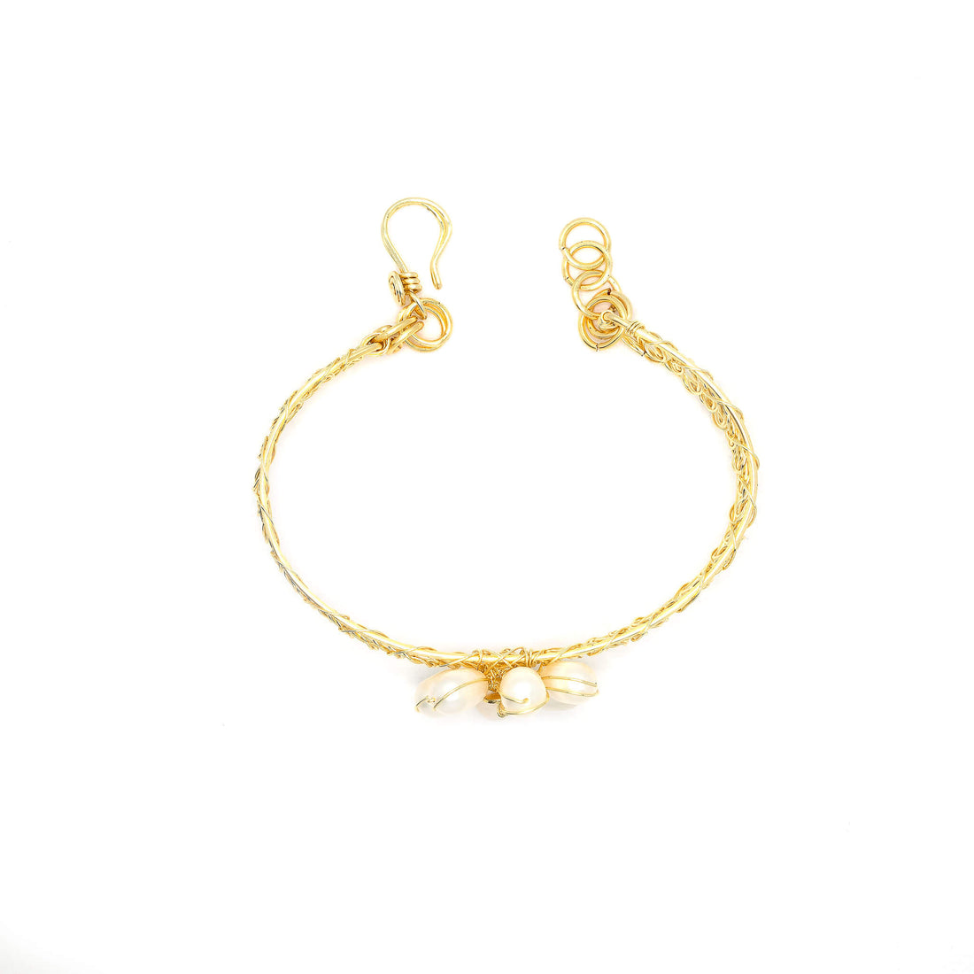 Blaustein Bracelet is one size fits all. Gold and white bracelet. Handmade with Non-tarnish Gold plated wire and Fresh Water Pearls. Wire-wrapped bracelet.