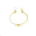 Blaustein Bracelet is one size fits all. Gold and white bracelet. Handmade with Non-tarnish Gold plated wire and Fresh Water Pearls. Wire-wrapped bracelet. (Flat)