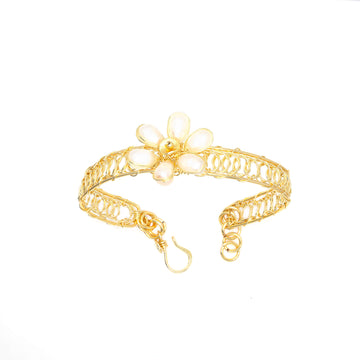 Blaustein Bracelet is one size fits all. Gold and white bracelet. Handmade with Non-tarnish Gold plated wire and Fresh Water Pearls. Wire-wrapped bracelet.