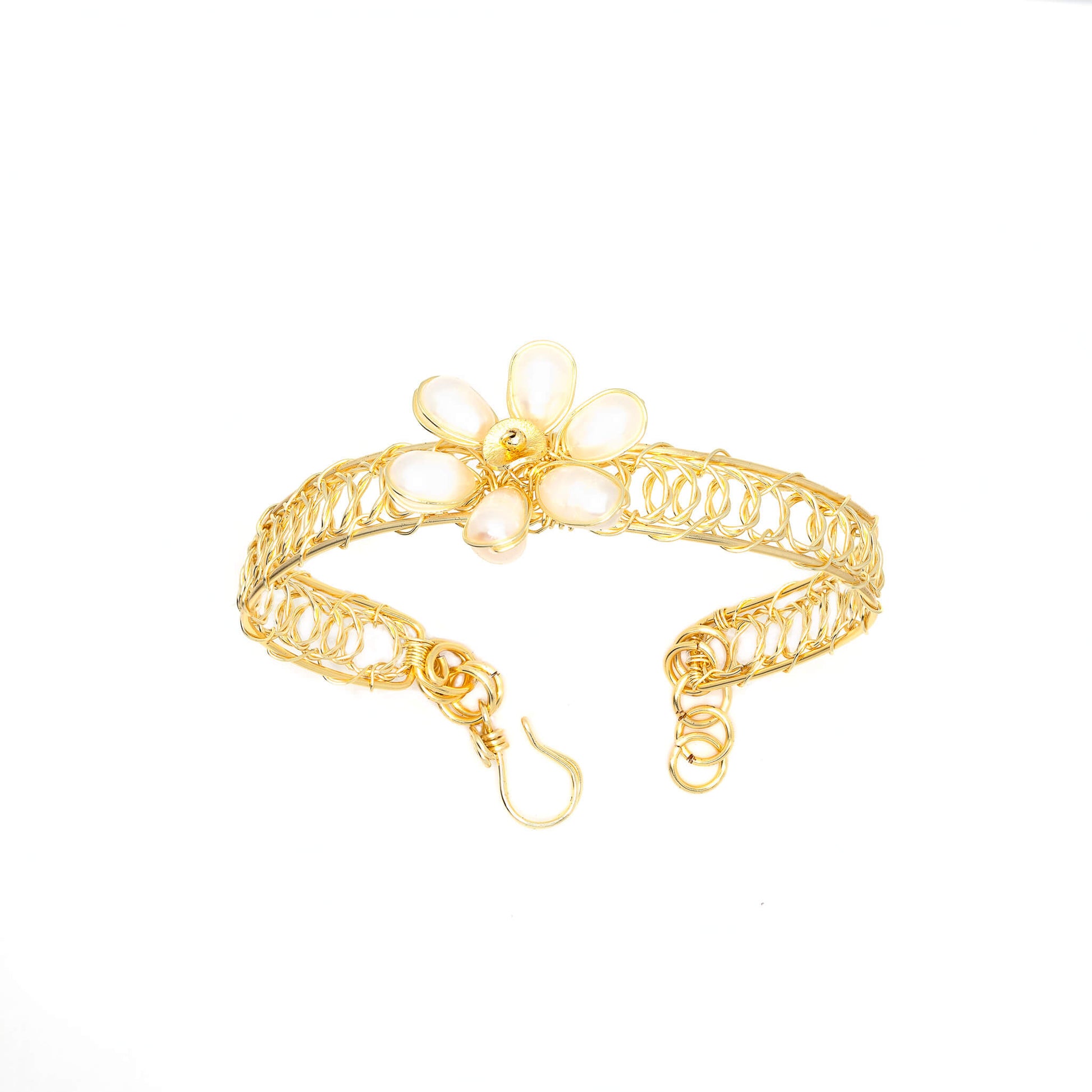Blaustein Bracelet is one size fits all. Gold and white bracelet. Handmade with Non-tarnish Gold plated wire and Fresh Water Pearls. Wire-wrapped bracelet.