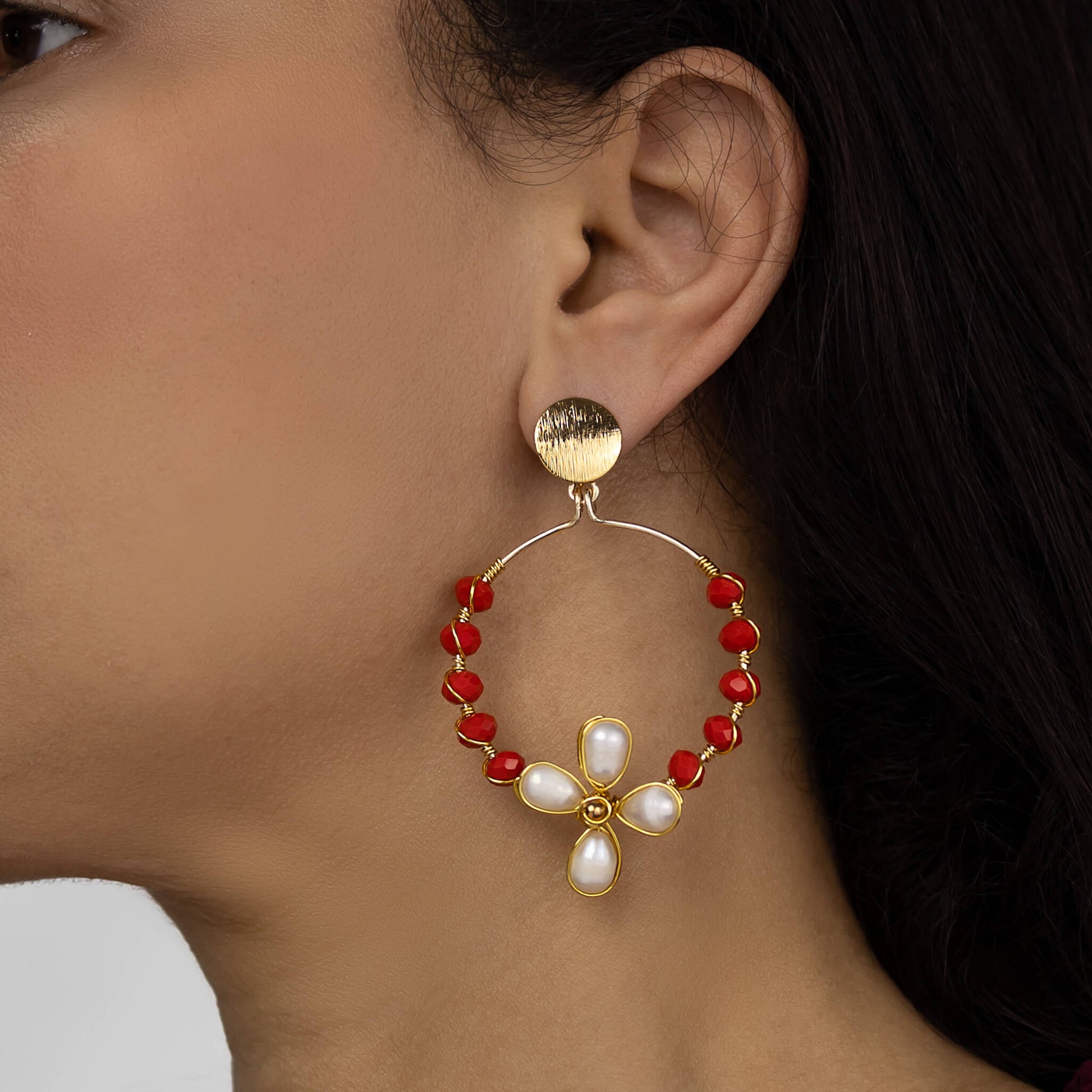 Camille Earrings on a model. Gold Color Earrings with Crystal Beads. and Fresh Water Pearls.  Wire Wrapped Earrings.