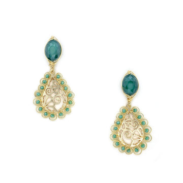 Ekani Earrings are 2.5 inches long. Gold and green earrings. Wire wrapped teardrop earrings. Handmade with non-tarnish gold plated wire and Crystal beads. Dangle earrings.