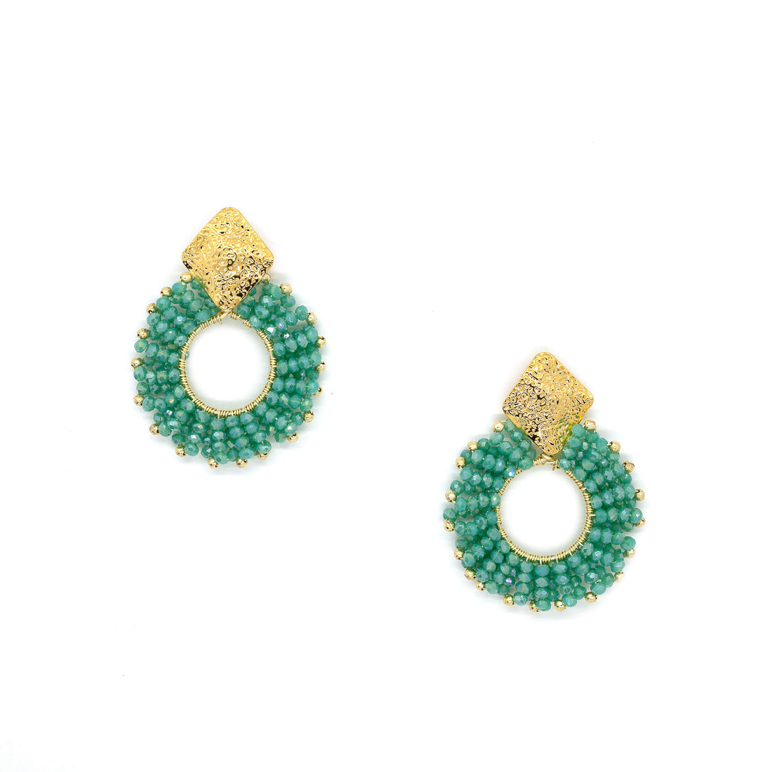 Seed bead earrings, gold square studs earrings, earrings with seed beads. The Evry earrings in Emerald Green.