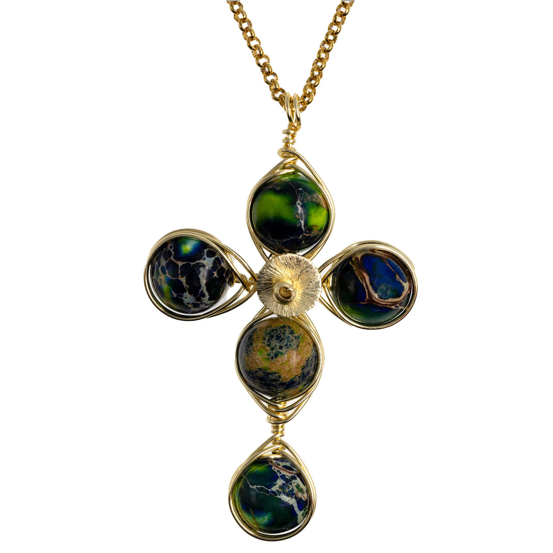 Stability Cross Pendant Necklace. Polished Blue Sea Sediment Imperial Jasper Beads and Non Tarnish Gold color wire. Wired Wrapped Cross.