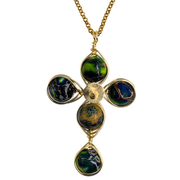 Stability Cross Pendant Necklace. Polished Blue Sea Sediment Imperial Jasper Beads and Non Tarnish Gold color wire. Wired Wrapped Cross.